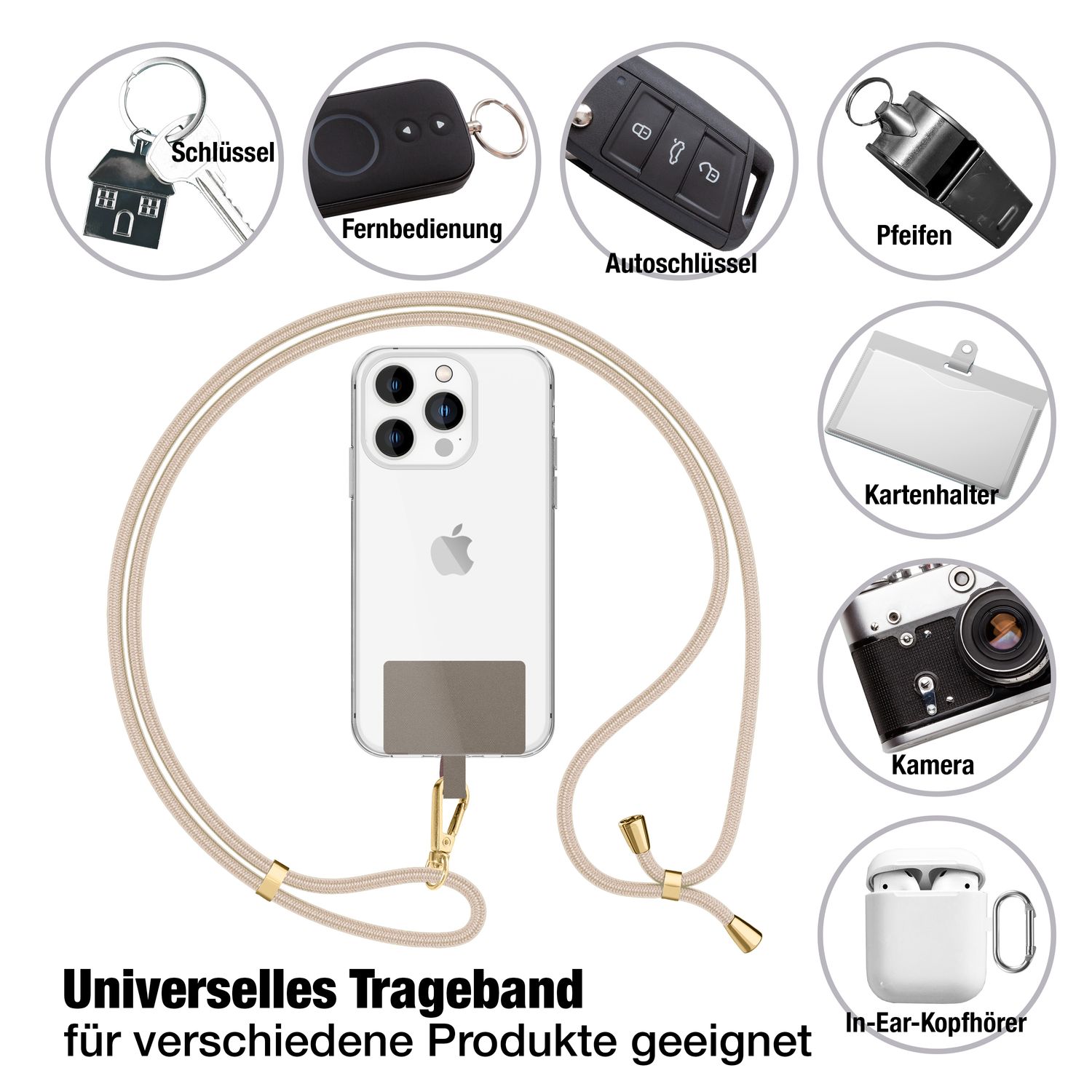 NALIA Universal-Kette mit Pad, Band für Handy-Hülle zum Umhängen, Karabinerhaken aus Metall (gold), Schlüsselband Umhängeband 160 CM, Crossbody Lanyard Weiß Beige NALIA Universal Handykette