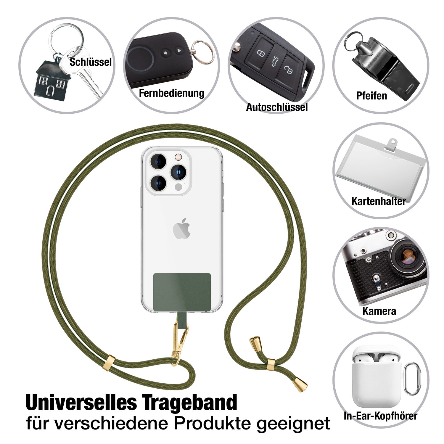 NALIA Universal-Kette mit Pad, Band für Handy-Hülle zum Umhängen, Karabinerhaken aus Metall (gold), Schlüsselband Umhängeband 160 CM, Crossbody Lanyard Oliv Grün NALIA Universal Handykette