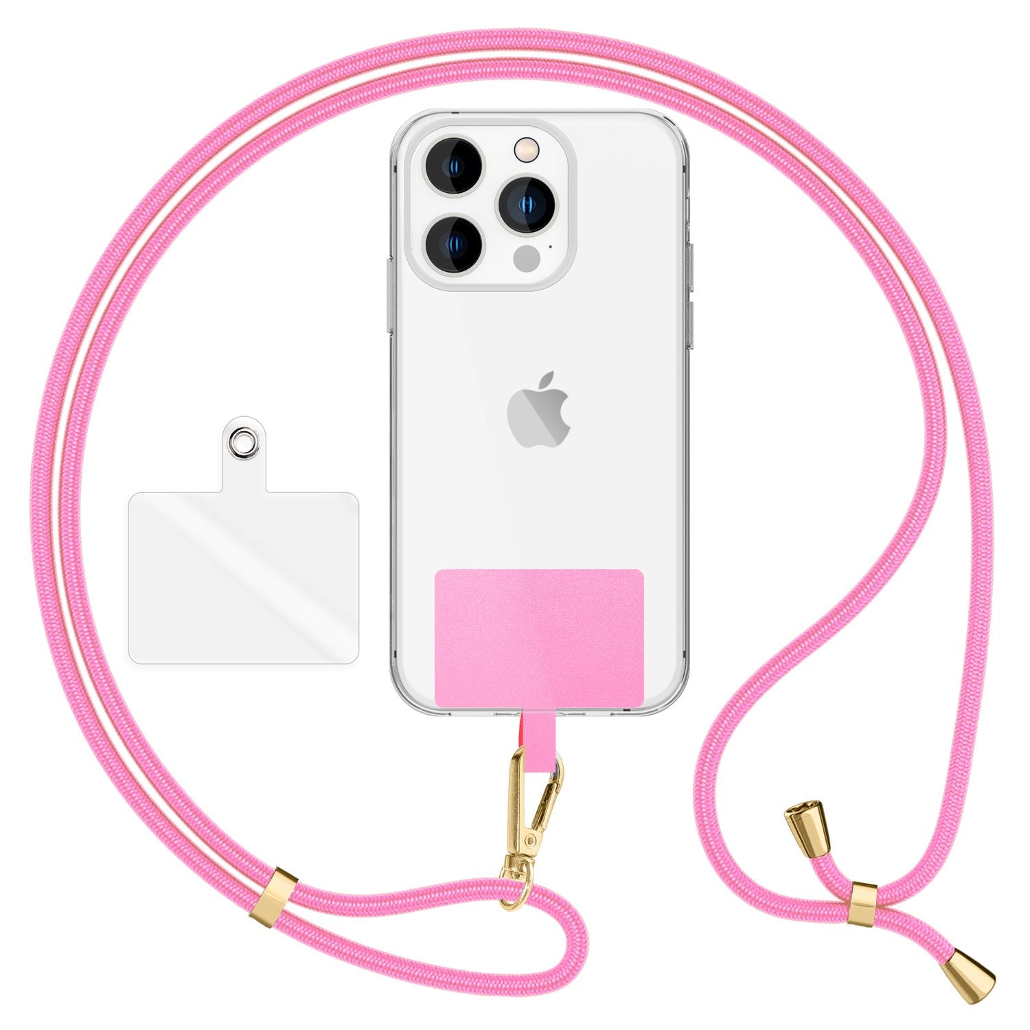 NALIA Universal-Kette mit Pad, Band für Handy-Hülle zum Umhängen, Karabinerhaken aus Metall (gold), Schlüsselband Umhängeband 160 CM, Crossbody Lanyard Rosa NALIA Universal Handykette