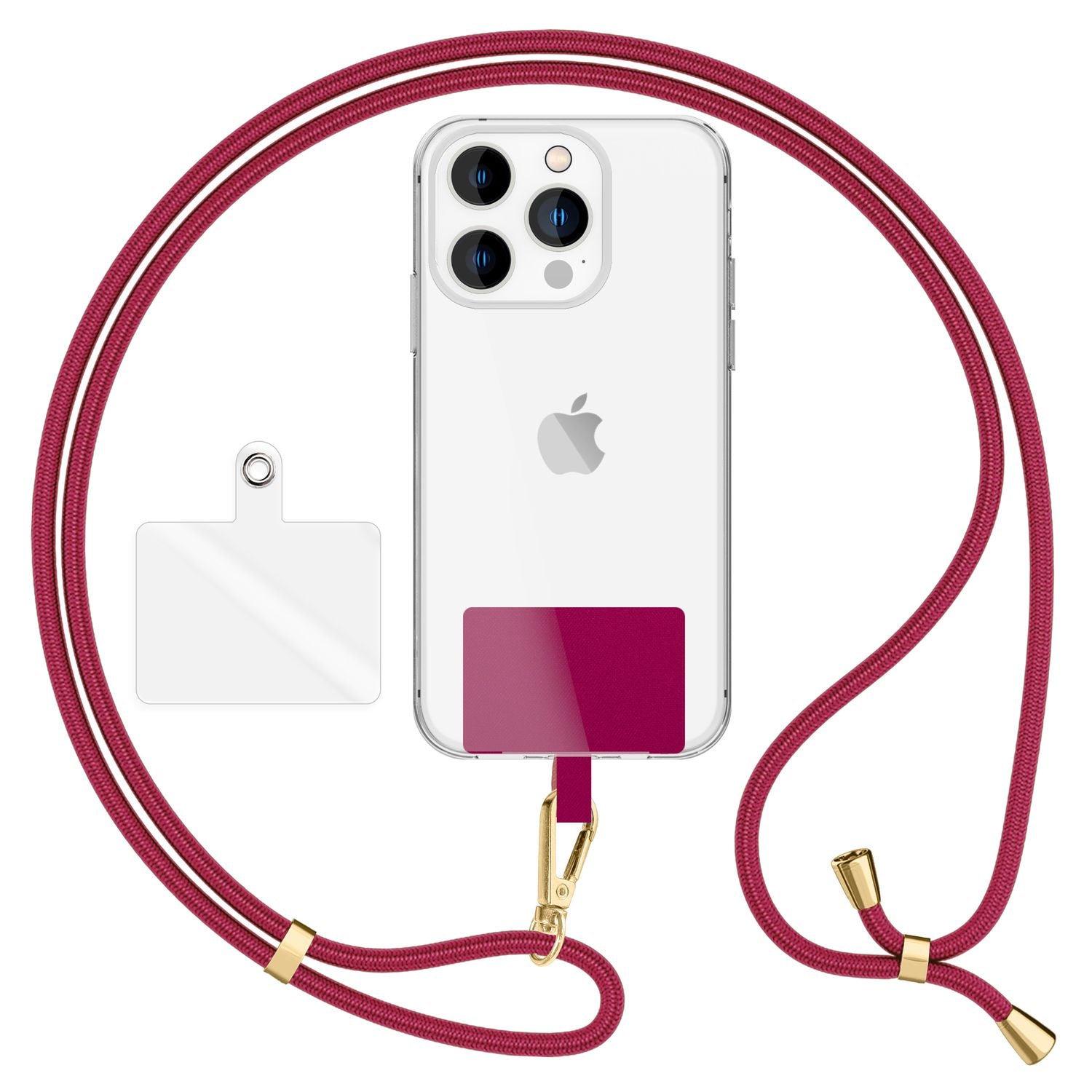 NALIA Universal-Kette mit Pad, Band für Handy-Hülle zum Umhängen, Karabinerhaken aus Metall (gold), Schlüsselband Umhängeband 160 CM, Crossbody Lanyard Bordeaux NALIA Universal Handykette