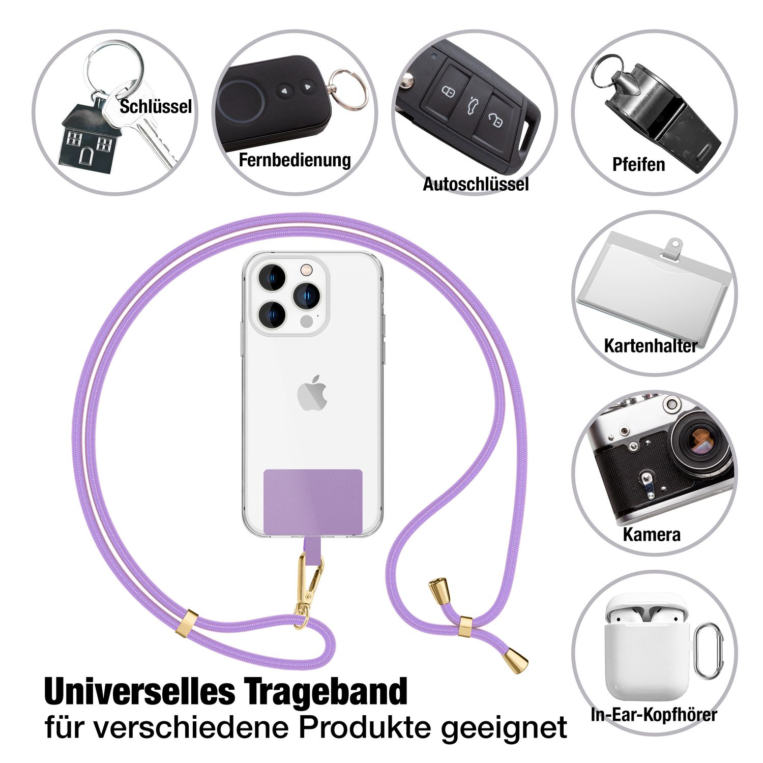 NALIA Universal-Kette mit Pad, Band für Handy-Hülle zum Umhängen, Karabinerhaken aus Metall (gold), Schlüsselband Umhängeband 160 CM, Crossbody Lanyard Lila NALIA Universal Handykette