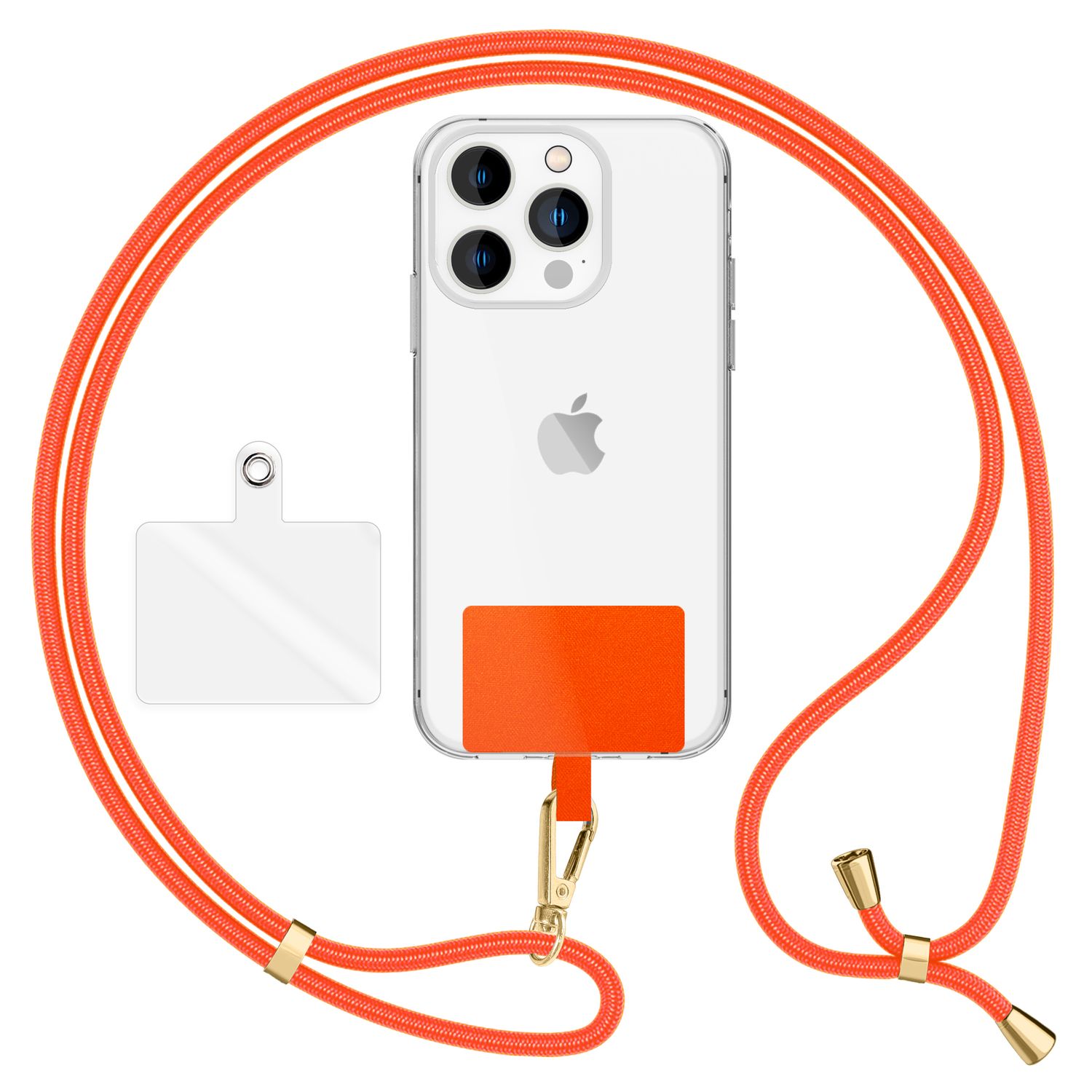 NALIA Universal-Kette mit Pad, Band für Handy-Hülle zum Umhängen, Karabinerhaken aus Metall (gold), Schlüsselband Umhängeband 160 CM, Crossbody Lanyard Orange NALIA Universal Handykette