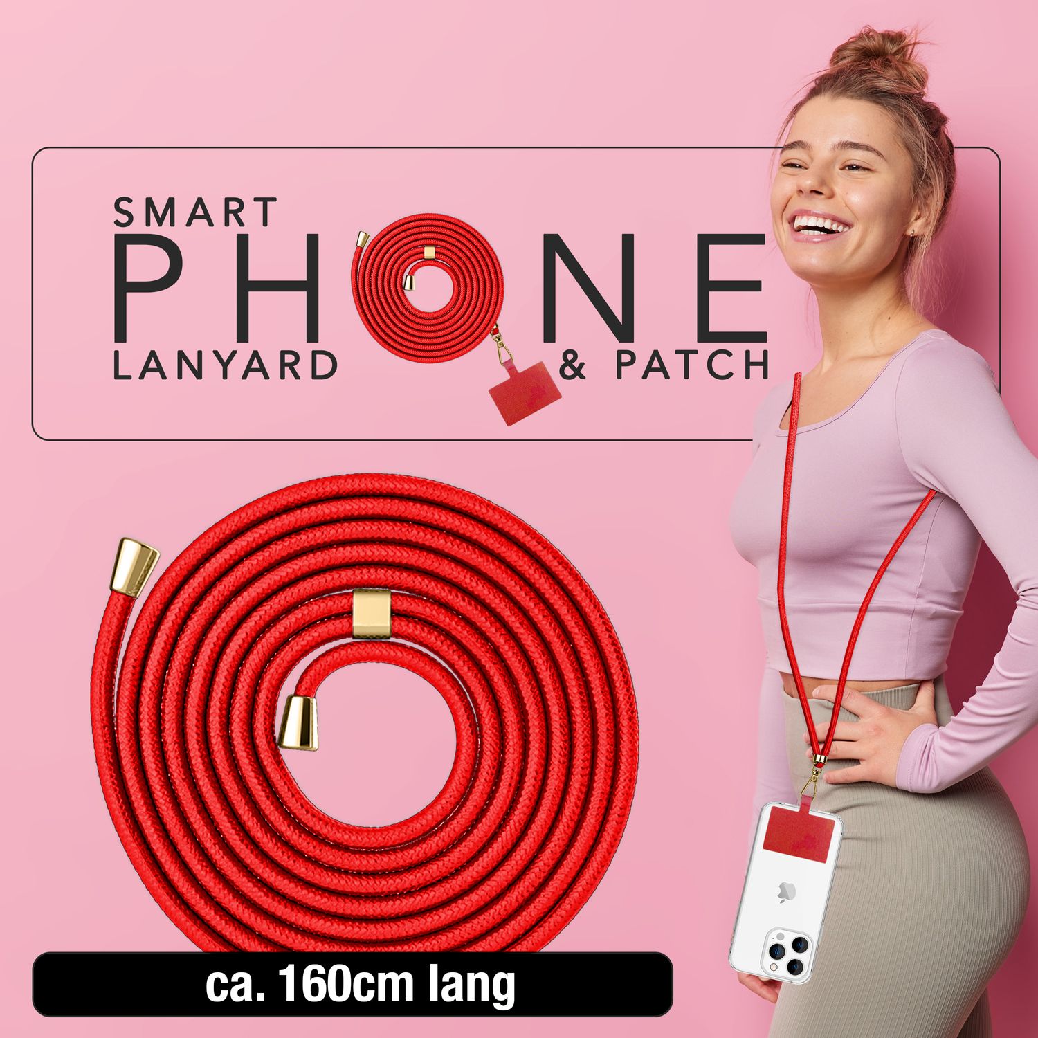 NALIA Universal-Kette mit Pad, Band für Handy-Hülle zum Umhängen, Karabinerhaken aus Metall (gold), Schlüsselband Umhängeband 160 CM, Crossbody Lanyard Rot NALIA Universal Handykette