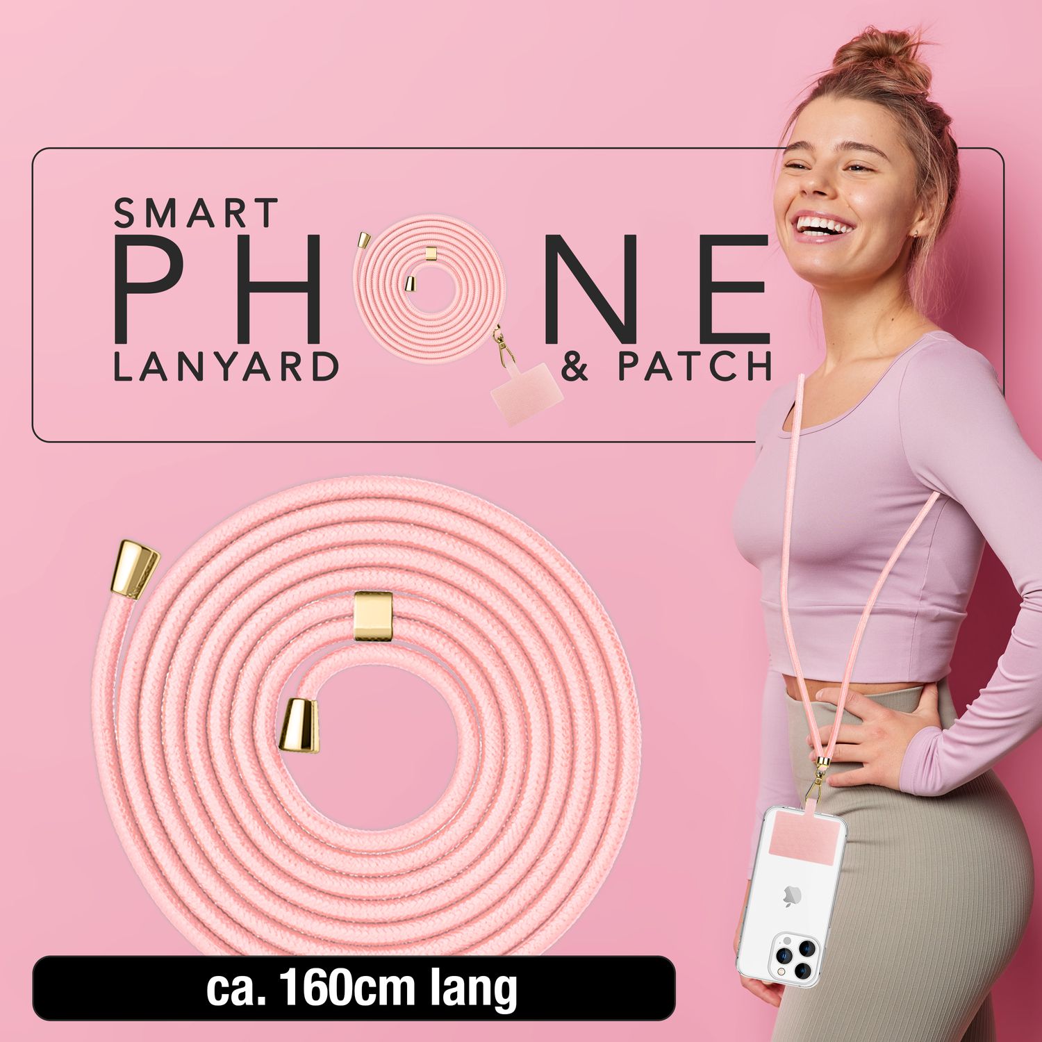 NALIA Universal-Kette mit Pad, Band für Handy-Hülle zum Umhängen, Karabinerhaken aus Metall (gold), Schlüsselband Umhängeband 160 CM, Crossbody Lanyard Pastell Rosa NALIA Universal Handykette