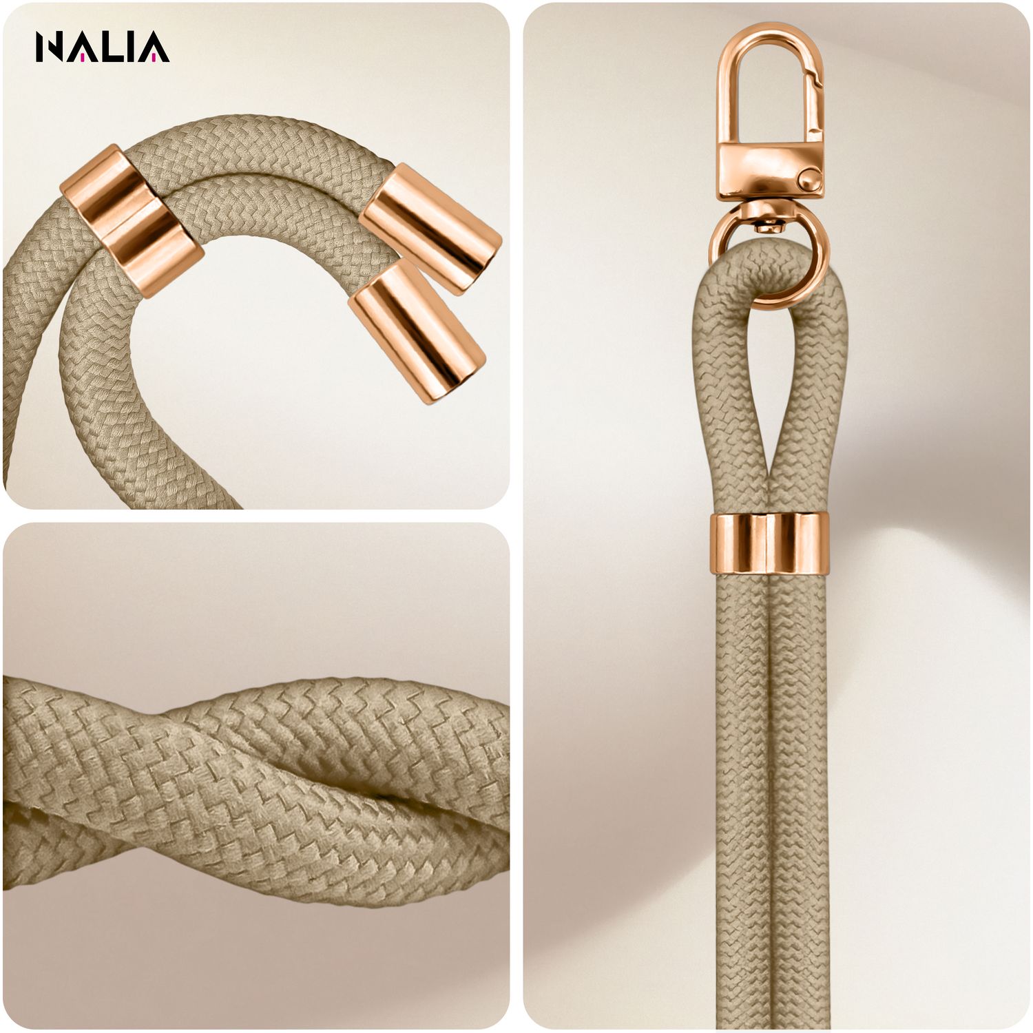 NALIA Universal Handykette für alle Smartphones – Premium Komfort-Nylon & 2 Patches – HOLDME (Geflochtenes Lanyard mit Gold-Karabiner) – Marke aus Berlin Beige NALIA Universal Handykette