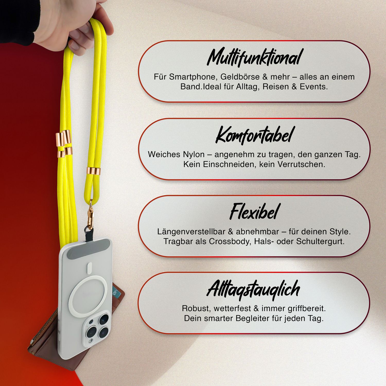 NALIA Universal Handykette für alle Smartphones – Premium Komfort-Nylon & 2 Patches – HOLDME (Geflochtenes Lanyard mit Gold-Karabiner) – Marke aus Berlin Neon Gelb NALIA Universal Handykette
