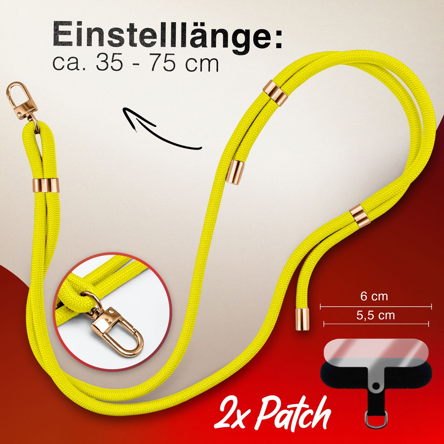 NALIA HoldMe Universal Handykette für Smartphone & Handyhüllen, Nylon-Seil Verstellbar & Abnehmbar, Umhänge-Band, Handyband, Lanyard mit Karabiner & 2 Patches Neon Gelb NALIA Universal Handykette