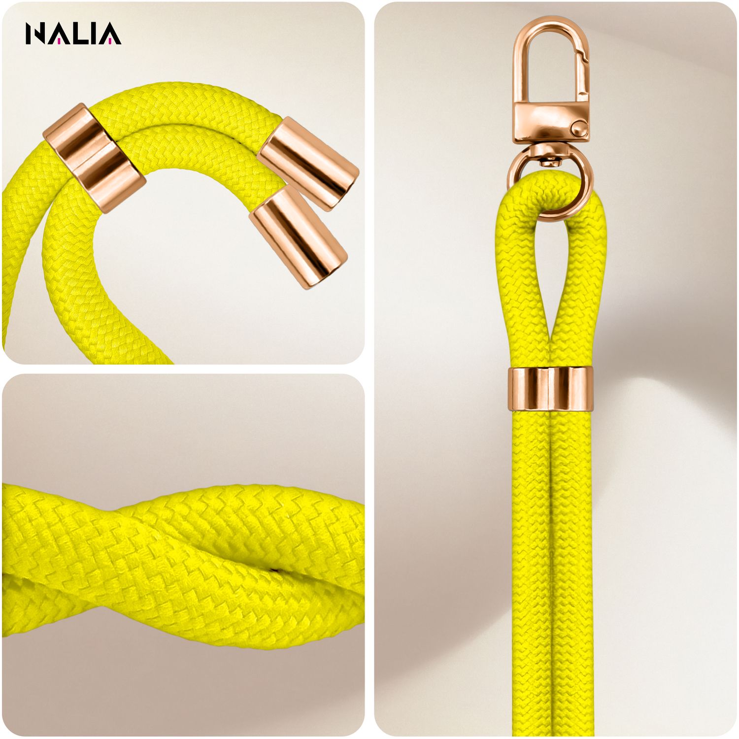NALIA HoldMe Universal Handykette für Smartphone & Handyhüllen, Nylon-Seil Verstellbar & Abnehmbar, Umhänge-Band, Handyband, Lanyard mit Karabiner & 2 Patches Neon Gelb NALIA Universal Handykette