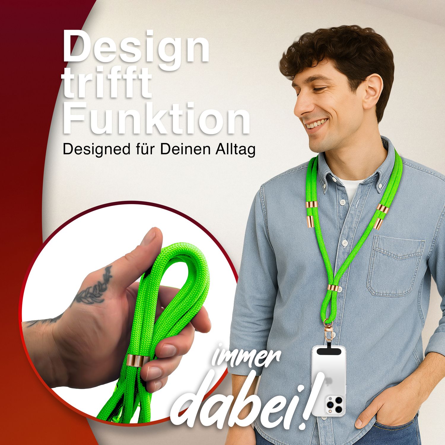 NALIA Universal Handykette für alle Smartphones – Premium Komfort-Nylon & 2 Patches – HOLDME (Geflochtenes Lanyard mit Gold-Karabiner) – Marke aus Berlin Neon Grün NALIA Universal Handykette