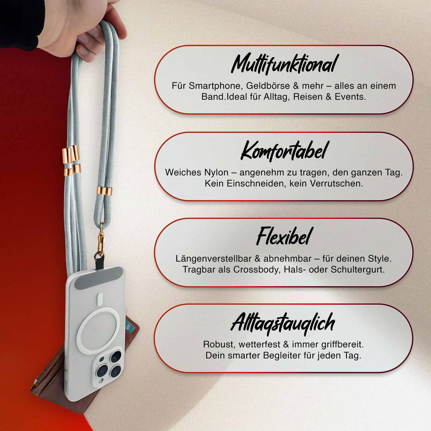 NALIA HoldMe Universal Handykette für Smartphone & Handyhüllen, Nylon-Seil Verstellbar & Abnehmbar, Umhänge-Band, Handyband, Lanyard mit Karabiner & 2 Patches Hellgrau NALIA Universal Handykette