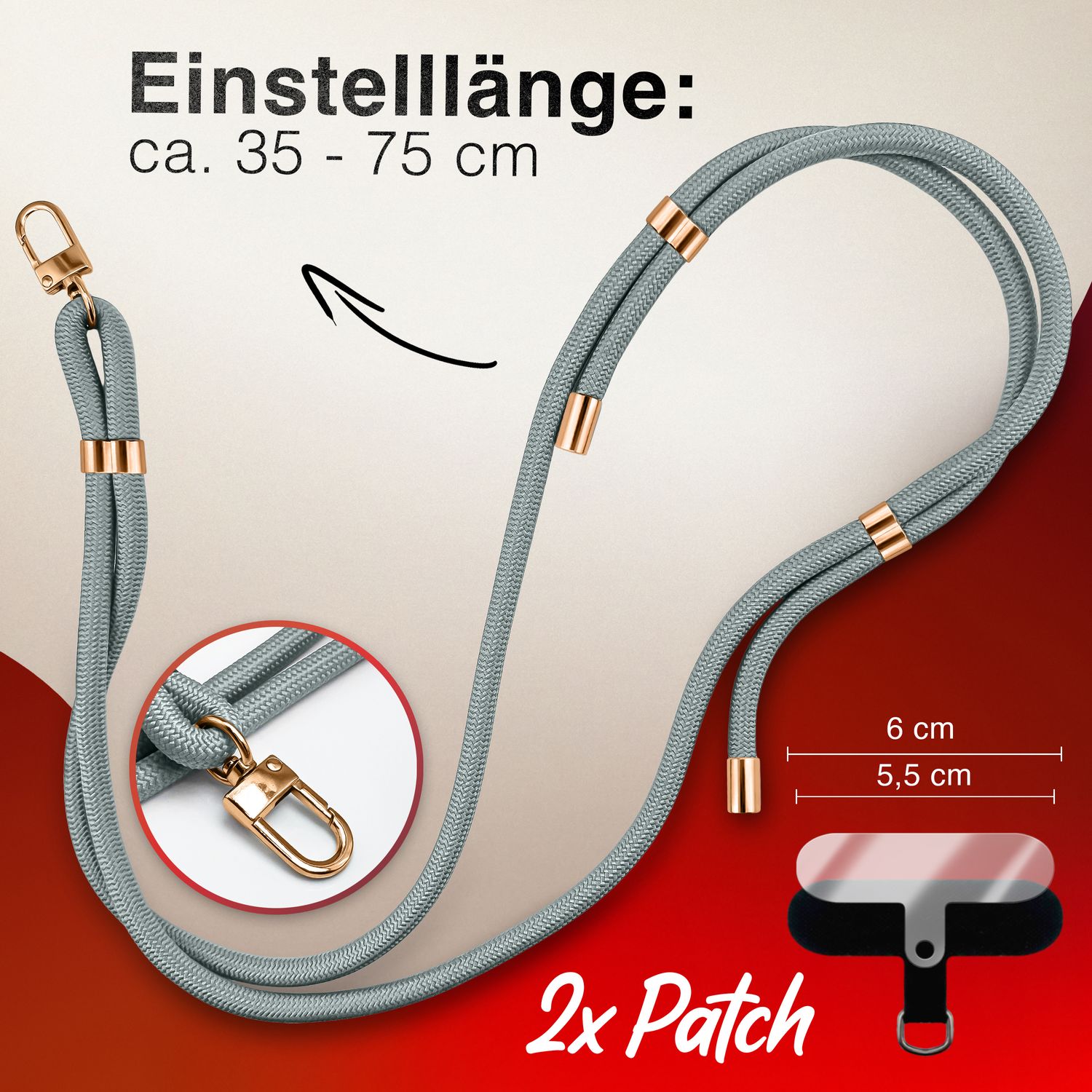 NALIA HoldMe Universal Handykette für Smartphone & Handyhüllen, Nylon-Seil Verstellbar & Abnehmbar, Umhänge-Band, Handyband, Lanyard mit Karabiner & 2 Patches Hellgrau NALIA Universal Handykette
