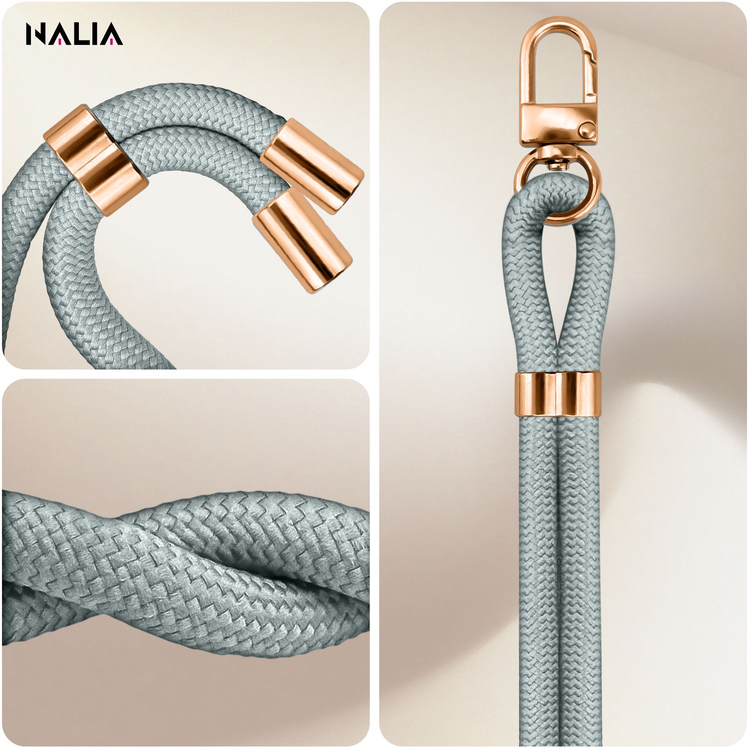 NALIA HoldMe Universal Handykette für Smartphone & Handyhüllen, Nylon-Seil Verstellbar & Abnehmbar, Umhänge-Band, Handyband, Lanyard mit Karabiner & 2 Patches Hellgrau NALIA Universal Handykette