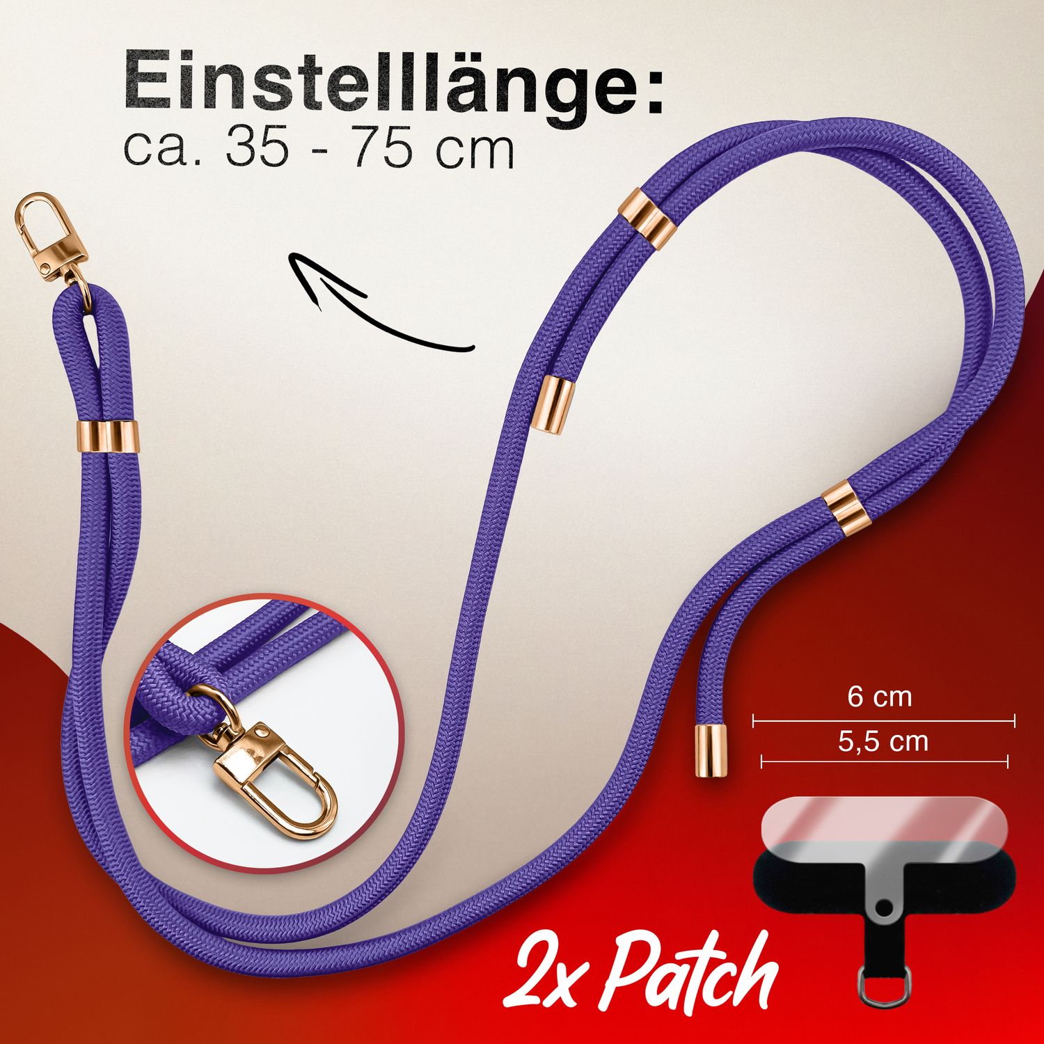 NALIA HoldMe Universal Handykette für Smartphone & Handyhüllen, Nylon-Seil Verstellbar & Abnehmbar, Umhänge-Band, Handyband, Lanyard mit Karabiner & 2 Patches Blau Lila NALIA Universal Handykette