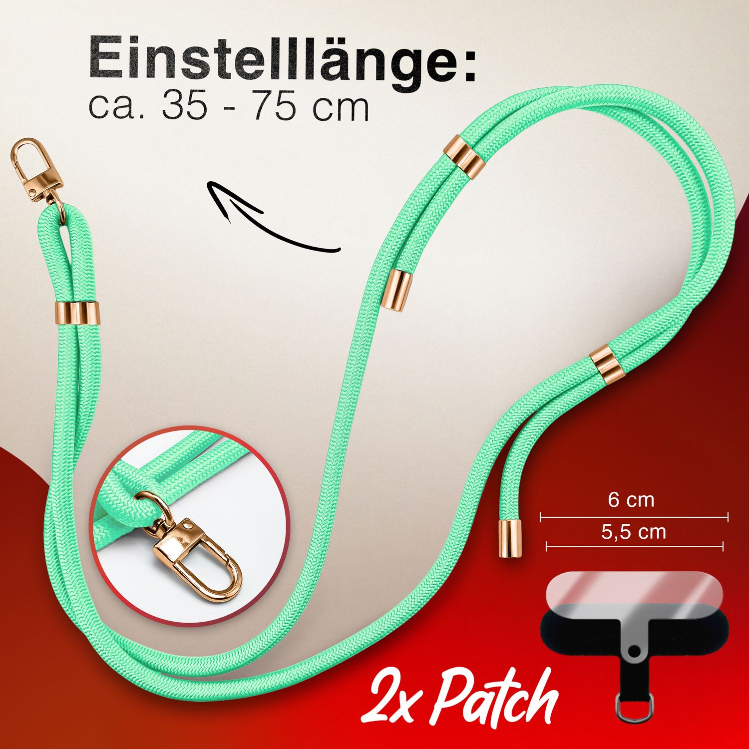 NALIA HoldMe Universal Handykette für Smartphone & Handyhüllen, Nylon-Seil Verstellbar & Abnehmbar, Umhänge-Band, Handyband, Lanyard mit Karabiner & 2 Patches Türkis NALIA Universal Handykette