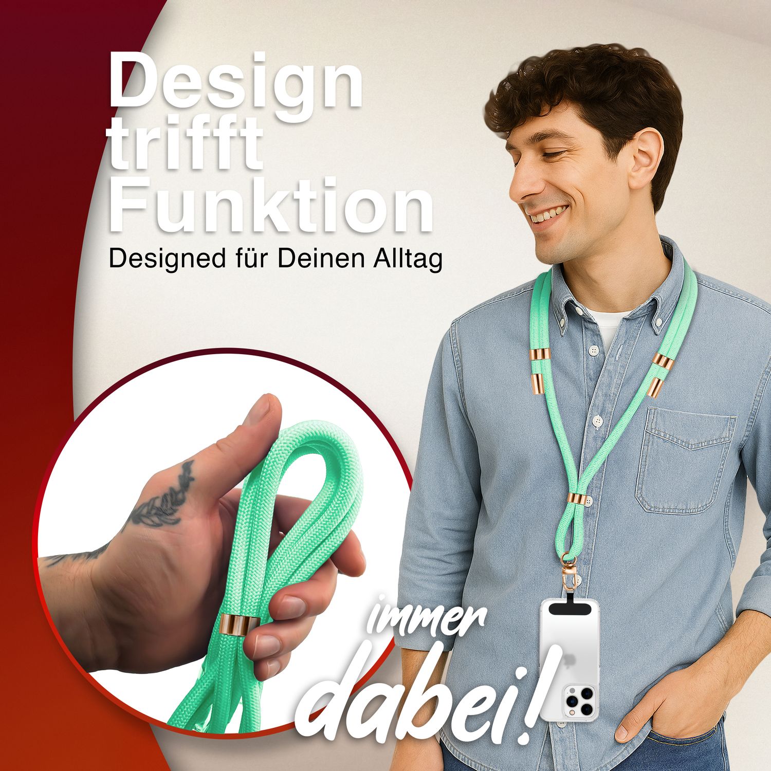 NALIA HoldMe Universal Handykette für Smartphone & Handyhüllen, Nylon-Seil Verstellbar & Abnehmbar, Umhänge-Band, Handyband, Lanyard mit Karabiner & 2 Patches Türkis NALIA Universal Handykette