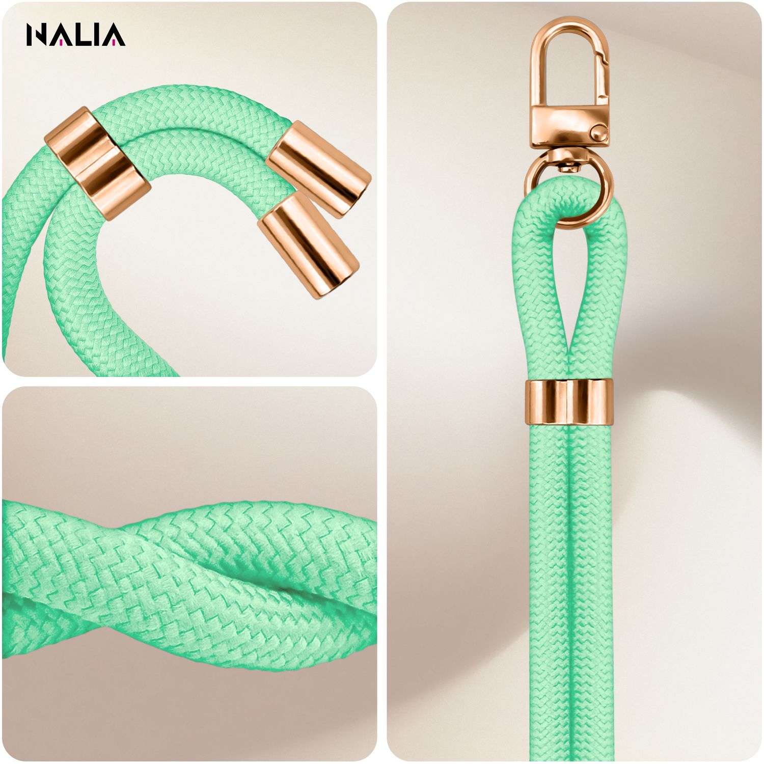 NALIA HoldMe Universal Handykette für Smartphone & Handyhüllen, Nylon-Seil Verstellbar & Abnehmbar, Umhänge-Band, Handyband, Lanyard mit Karabiner & 2 Patches Türkis NALIA Universal Handykette