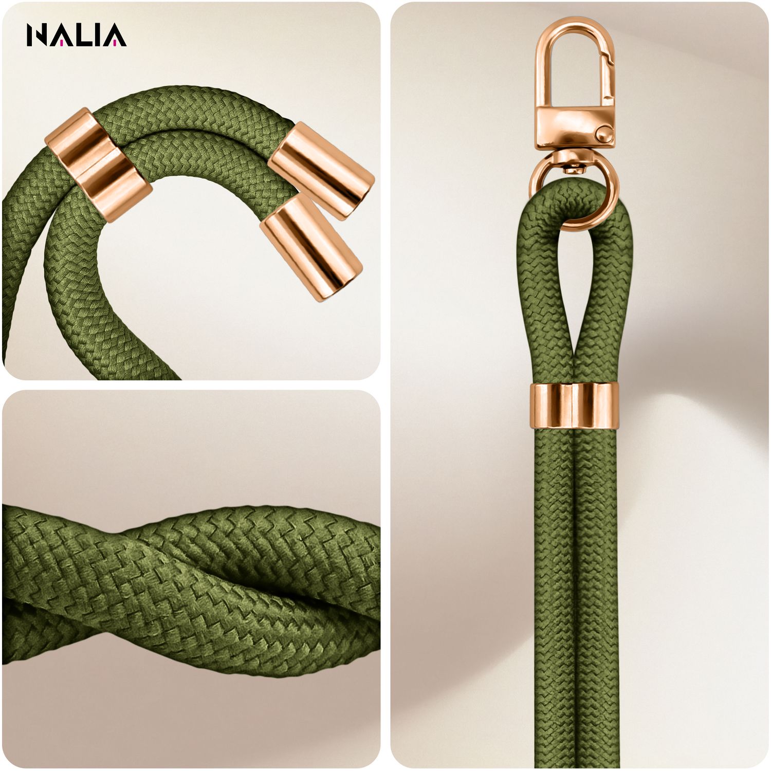 NALIA HoldMe Universal Handykette für Smartphone & Handyhüllen, Nylon-Seil Verstellbar & Abnehmbar, Umhänge-Band, Handyband, Lanyard mit Karabiner & 2 Patches Oliv Grün NALIA Universal Handykette