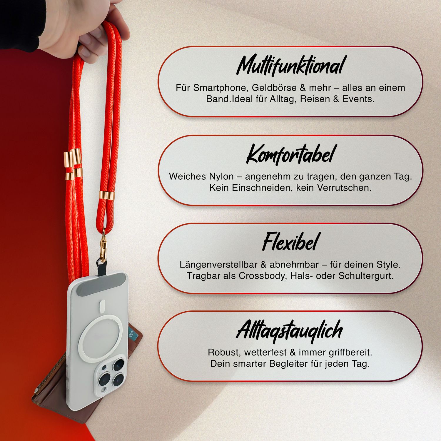 NALIA Universal Handykette für alle Smartphones – Premium Komfort-Nylon & 2 Patches – HOLDME (Geflochtenes Lanyard mit Gold-Karabiner) – Marke aus Berlin Neon Orange NALIA Universal Handykette