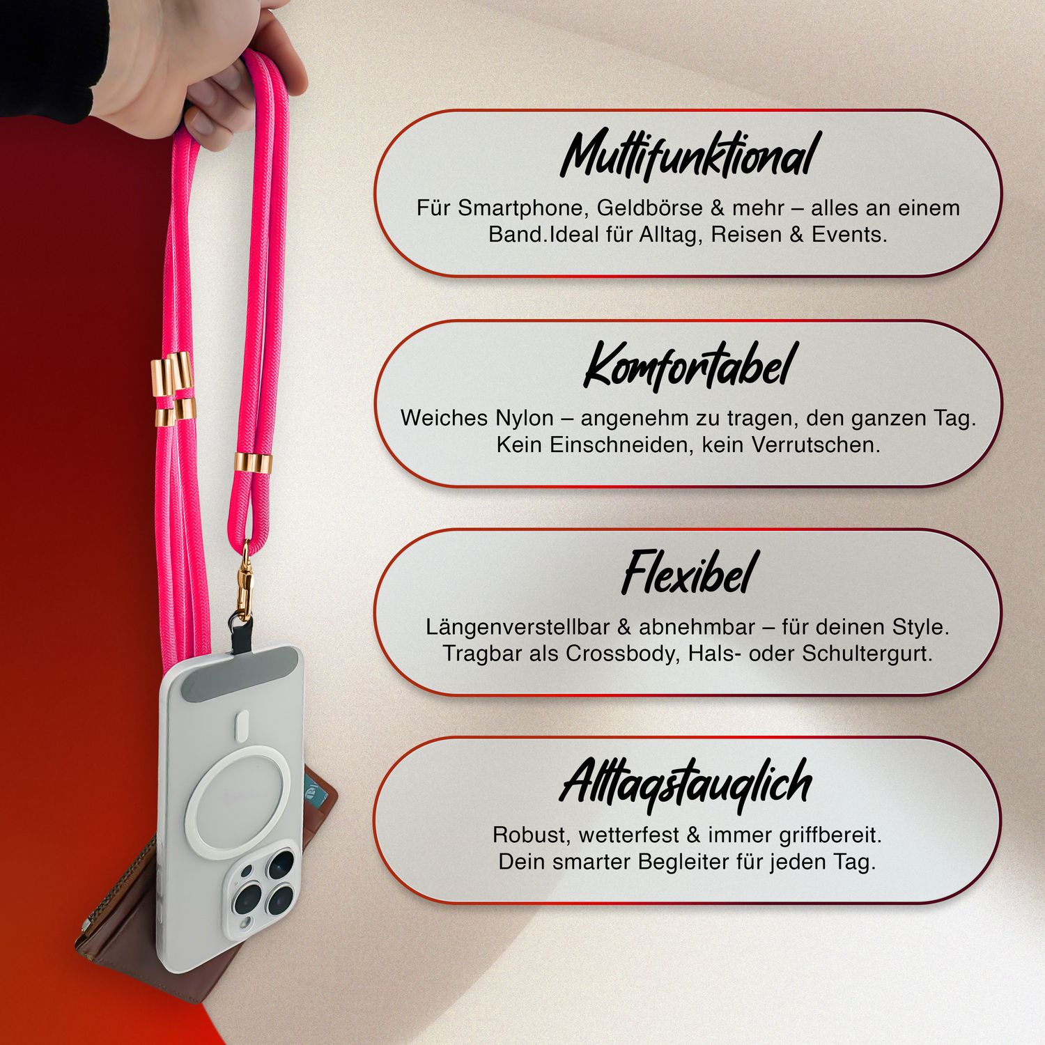 NALIA Universal Handykette für alle Smartphones – Premium Komfort-Nylon & 2 Patches – HOLDME (Geflochtenes Lanyard mit Gold-Karabiner) – Marke aus Berlin Neon Pink NALIA Universal Handykette
