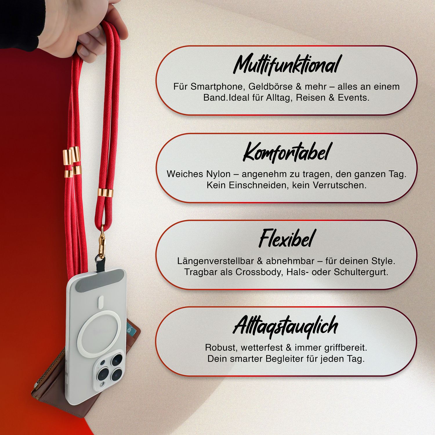 NALIA Universal Handykette für alle Smartphones – Premium Komfort-Nylon & 2 Patches – HOLDME (Geflochtenes Lanyard mit Gold-Karabiner) – Marke aus Berlin Rot NALIA Universal Handykette
