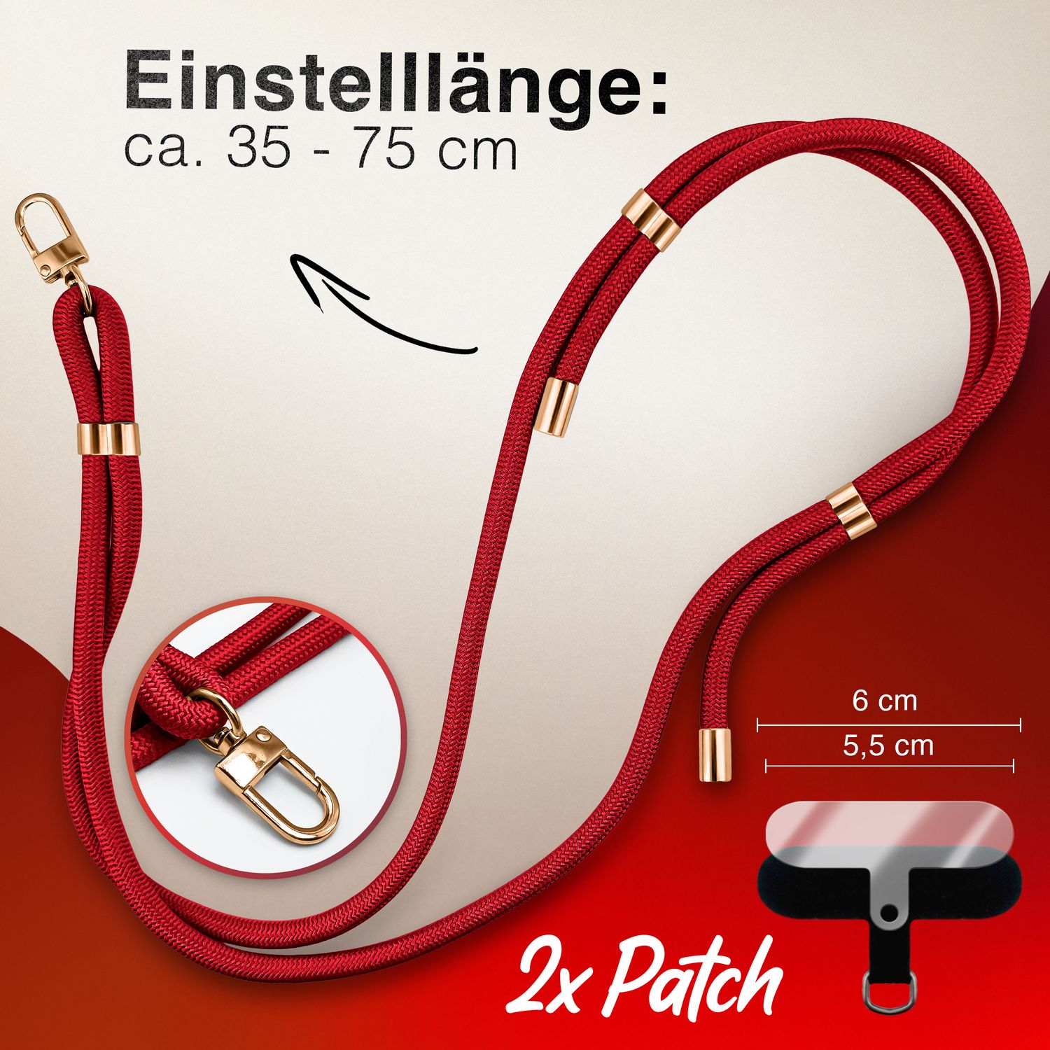 NALIA Universal Handykette für alle Smartphones – Premium Komfort-Nylon & 2 Patches – HOLDME (Geflochtenes Lanyard mit Gold-Karabiner) – Marke aus Berlin Rot NALIA Universal Handykette