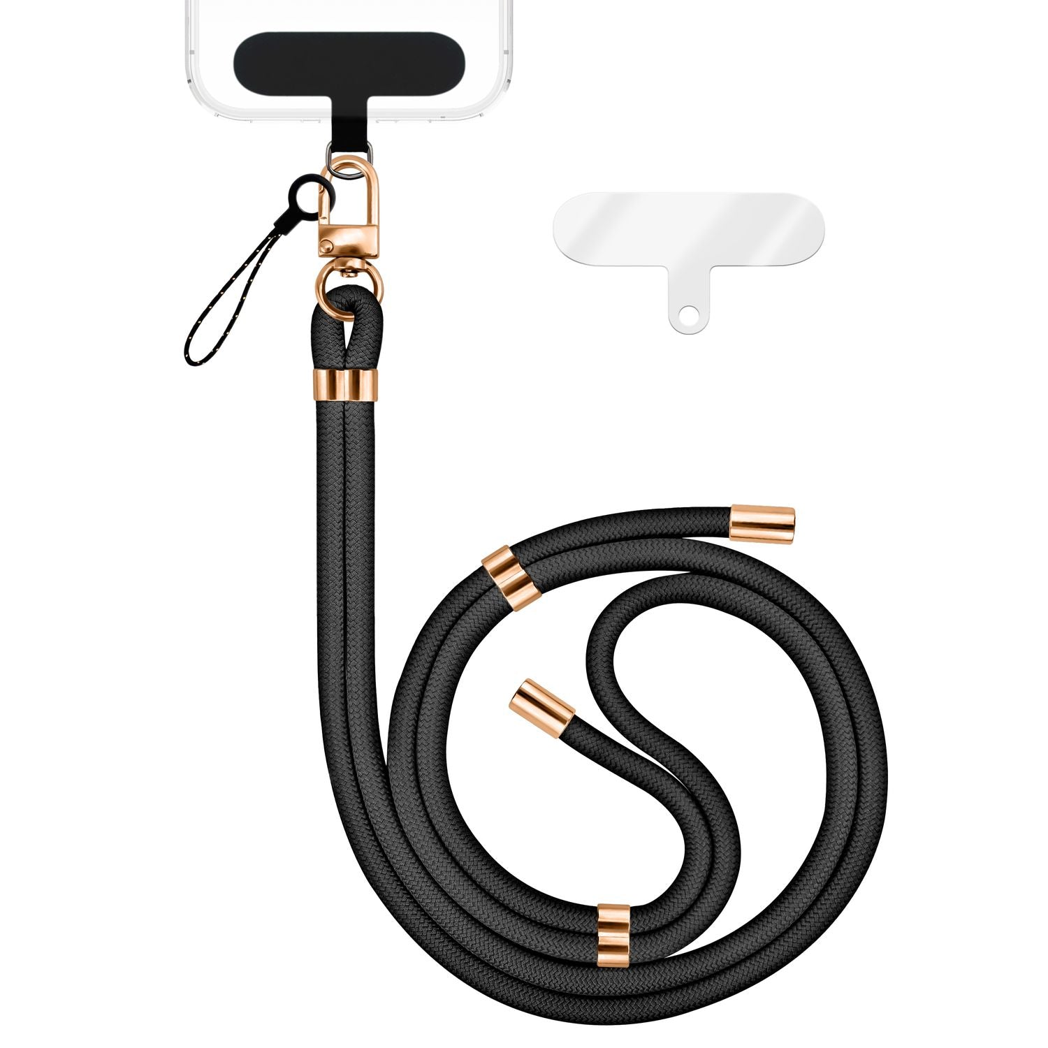 NALIA HoldMe Universal Handykette für Smartphone & Handyhüllen, Nylon-Seil Verstellbar & Abnehmbar, Umhänge-Band, Handyband, Lanyard mit Karabiner & 2 Patches Schwarz NALIA Universal Handykette