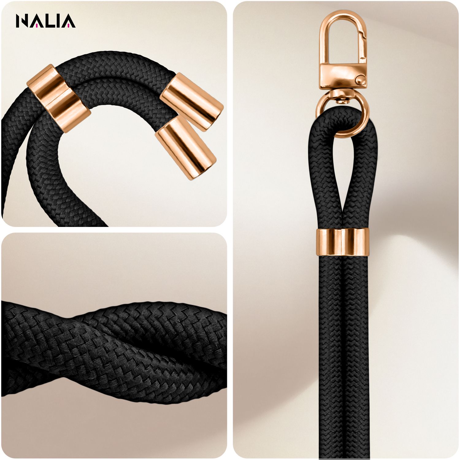 NALIA Universal Handykette für alle Smartphones – Premium Komfort-Nylon & 2 Patches – HOLDME (Geflochtenes Lanyard mit Gold-Karabiner) – Marke aus Berlin Schwarz NALIA Universal Handykette