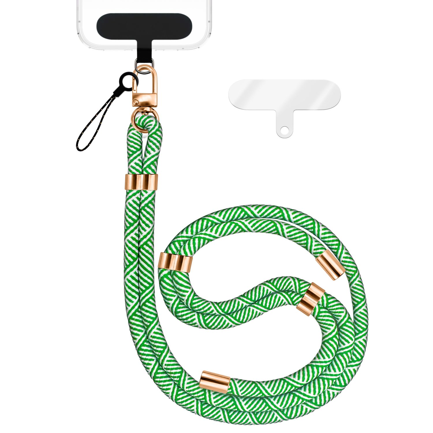 NALIA Universal Handykette für alle Smartphones – Premium Komfort-Nylon & 2 Patches – HOLDME (Geflochtenes Lanyard mit Gold-Karabiner) – Marke aus Berlin Grün Weiß NALIA Universal Handykette