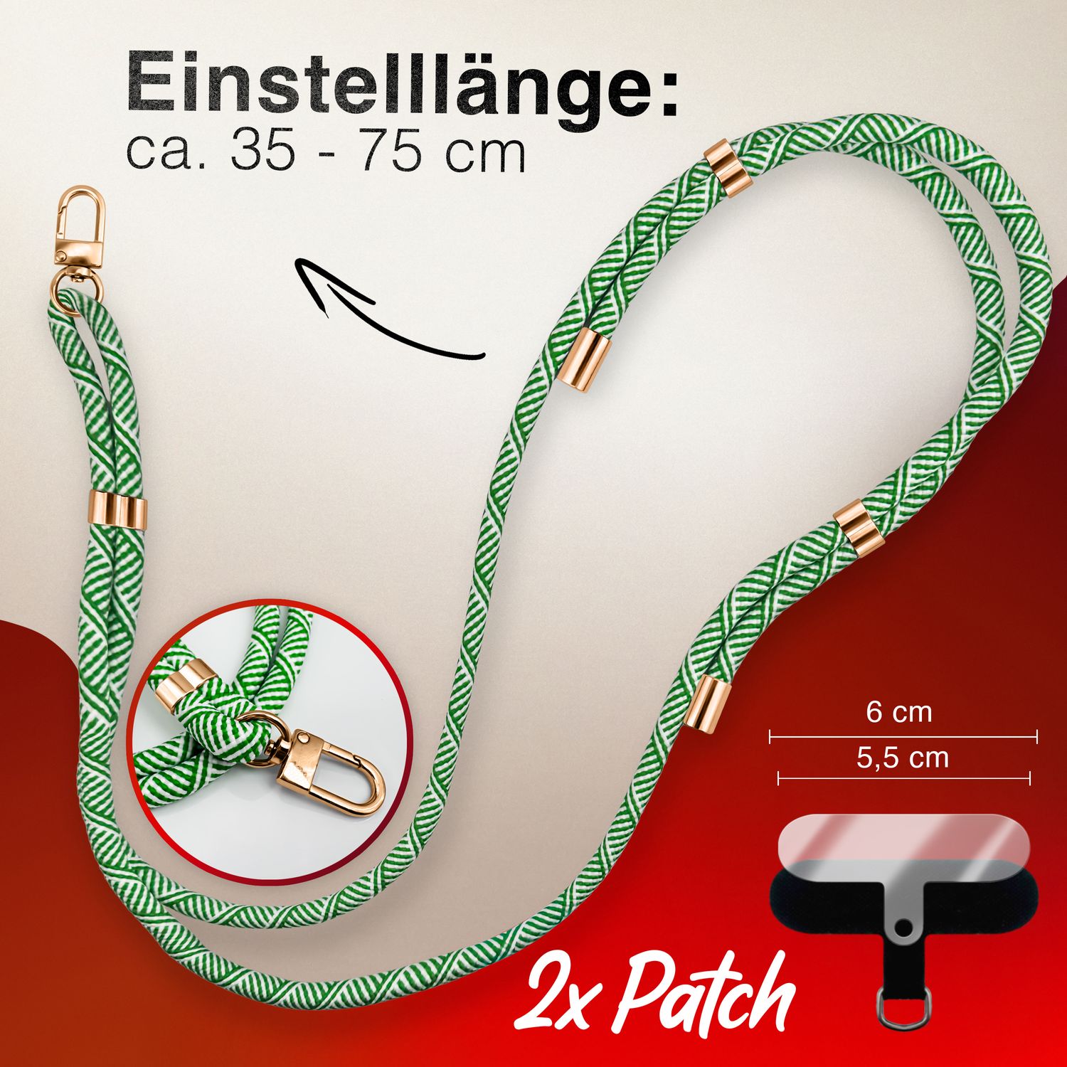NALIA Universal Handykette für alle Smartphones – Premium Komfort-Nylon & 2 Patches – HOLDME (Geflochtenes Lanyard mit Gold-Karabiner) – Marke aus Berlin Grün Weiß NALIA Universal Handykette