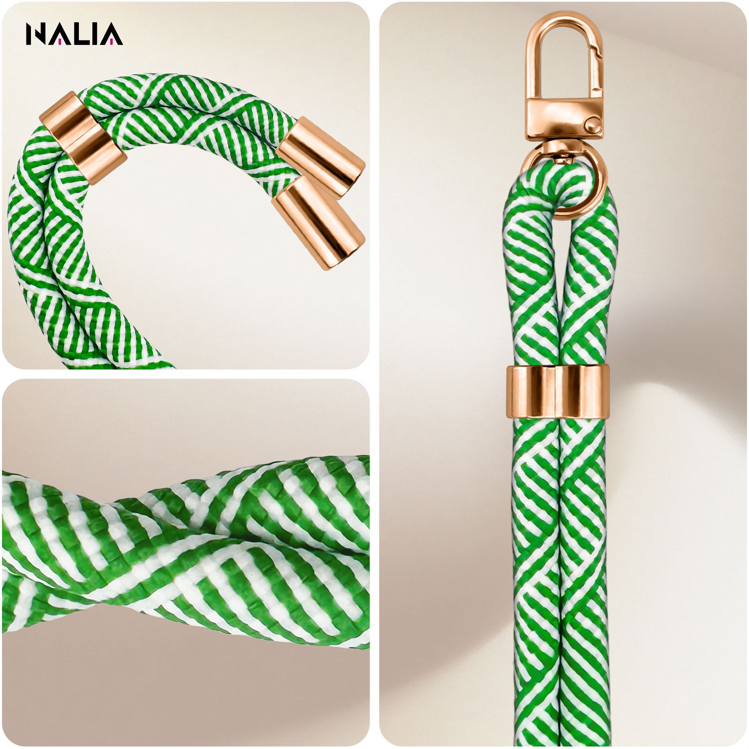 NALIA Universal Handykette für alle Smartphones – Premium Komfort-Nylon & 2 Patches – HOLDME (Geflochtenes Lanyard mit Gold-Karabiner) – Marke aus Berlin Grün Weiß NALIA Universal Handykette