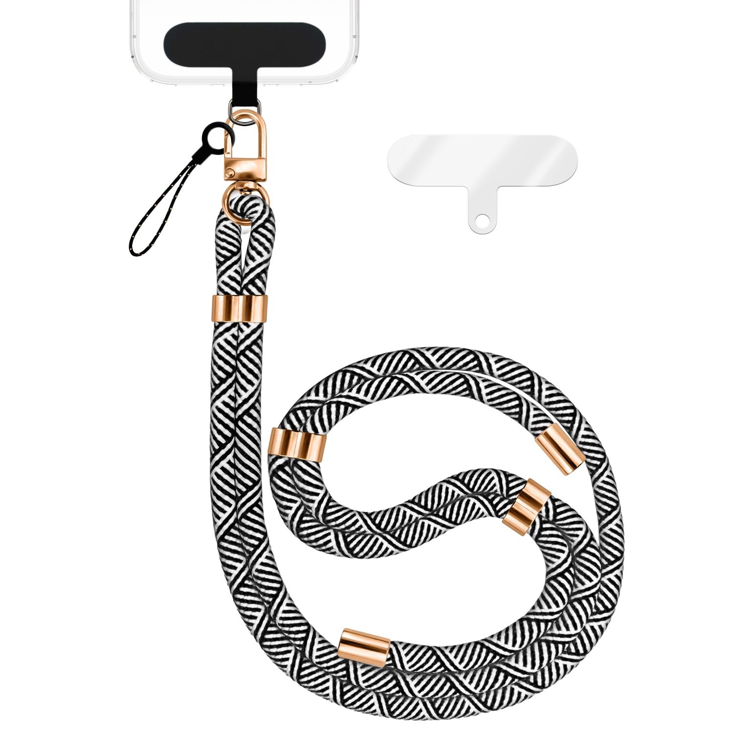 NALIA Universal Handykette für alle Smartphones – Premium Komfort-Nylon & 2 Patches – HOLDME (Geflochtenes Lanyard mit Gold-Karabiner) – Marke aus Berlin Schwarz Weiß NALIA Universal Handykette