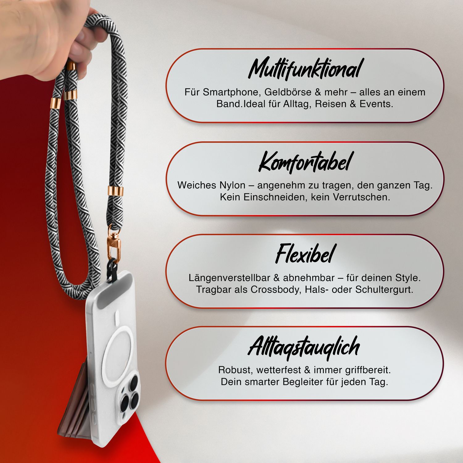 NALIA HoldMe Universal Handykette für Smartphone & Handyhüllen, Nylon-Seil Verstellbar & Abnehmbar, Umhänge-Band, Handyband, Lanyard mit Karabiner & 2 Patches Schwarz Weiß NALIA Universal Handykette