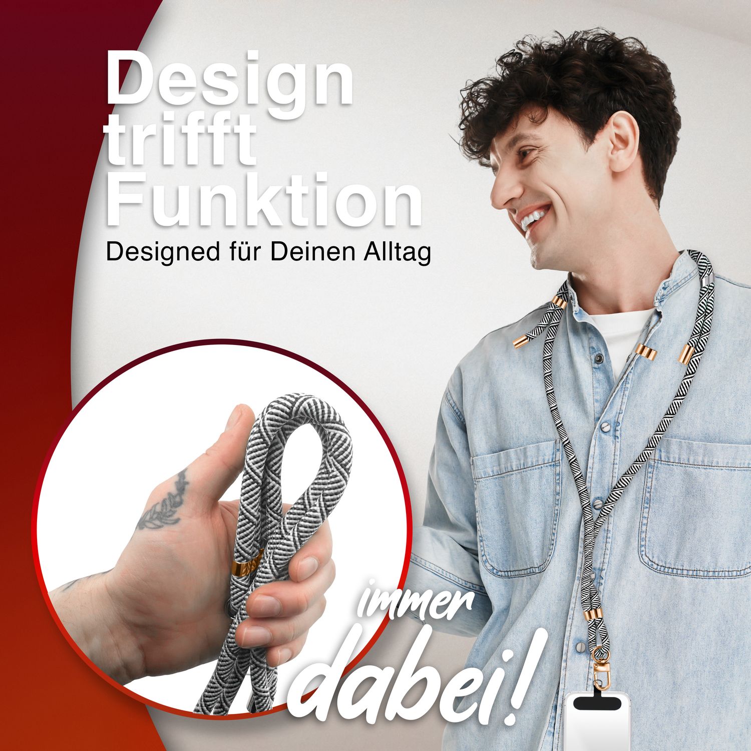 NALIA Universal Handykette für alle Smartphones – Premium Komfort-Nylon & 2 Patches – HOLDME (Geflochtenes Lanyard mit Gold-Karabiner) – Marke aus Berlin Schwarz Weiß NALIA Universal Handykette