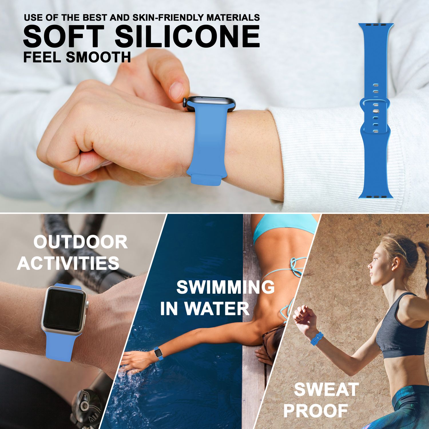 Silikon Armband für Apple Watch SE/8/7/6/5/4/3/2/1, 38mm 40mm 41mm Hellblau NALIA Silikon Armband