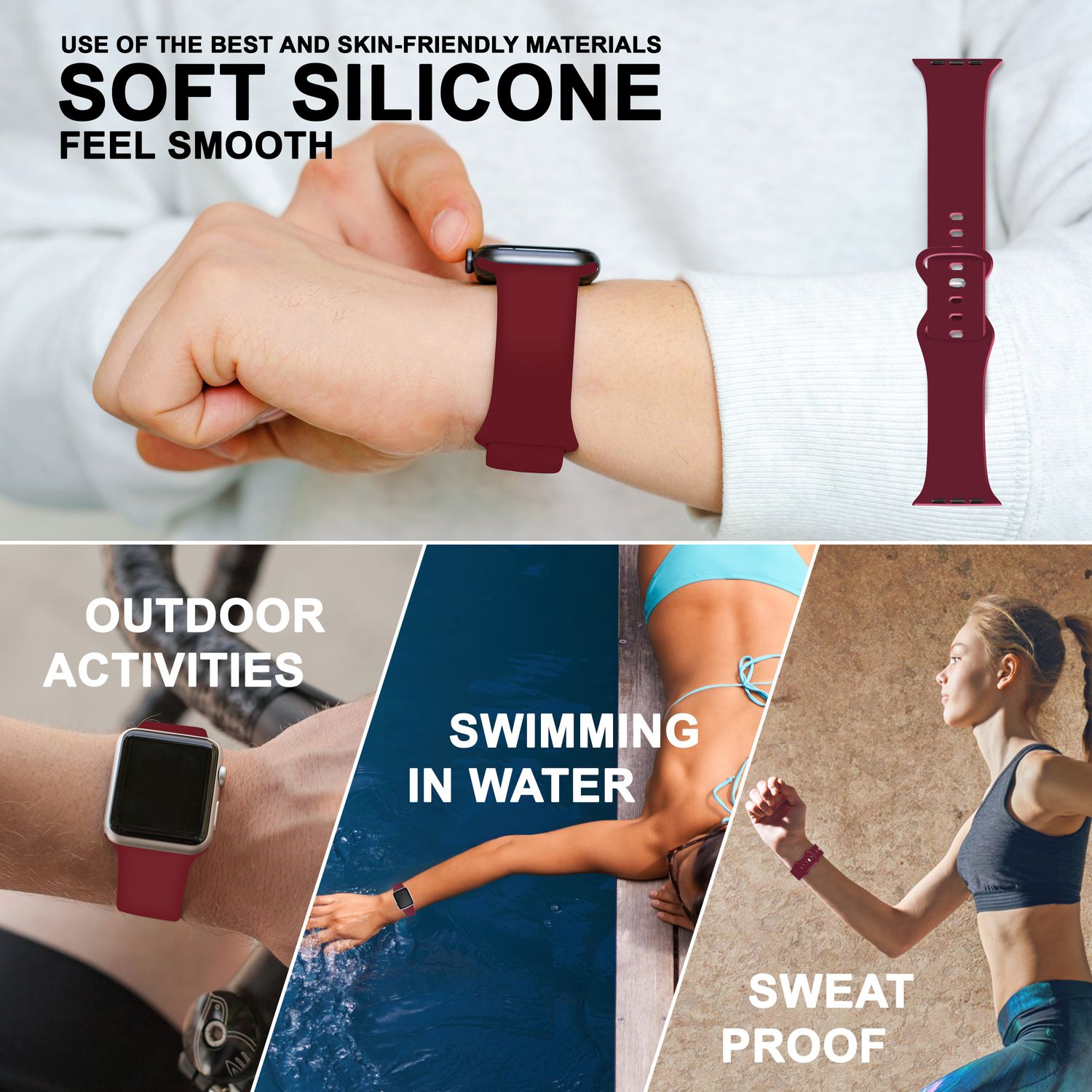 Silikon Armband für Apple Watch Ultra/SE/8/7/6/5/4/3/2/1, 42mm 44mm 45mm 49mm Dunkelrot NALIA Silikon Armband