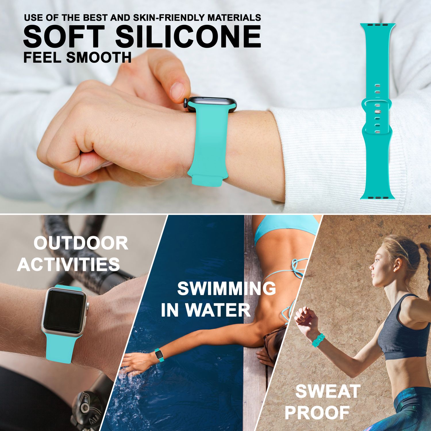 Silikon Armband für Apple Watch Ultra/SE/8/7/6/5/4/3/2/1, 42mm 44mm 45mm 49mm Türkis NALIA Silikon Armband