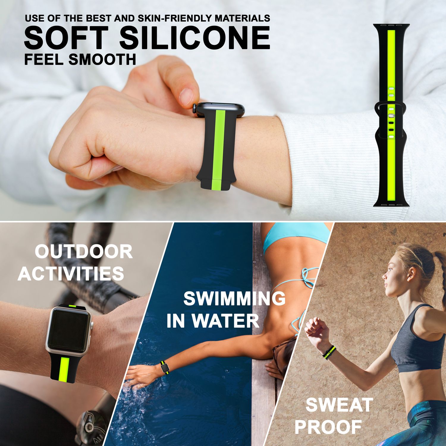 Gestreiftes Silikon Armband für Apple Watch SE/8/7/6/5/4/3/2/1, 38mm 40mm 41mm Schwarz Grün NALIA Silikon Armband