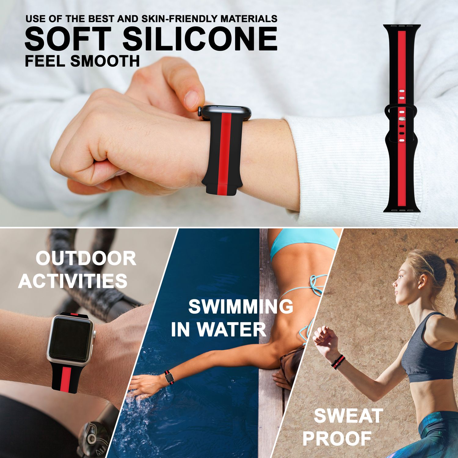 Gestreiftes Silikon Armband für Apple Watch SE/8/7/6/5/4/3/2/1, 38mm 40mm 41mm Schwarz Rot NALIA Silikon Armband