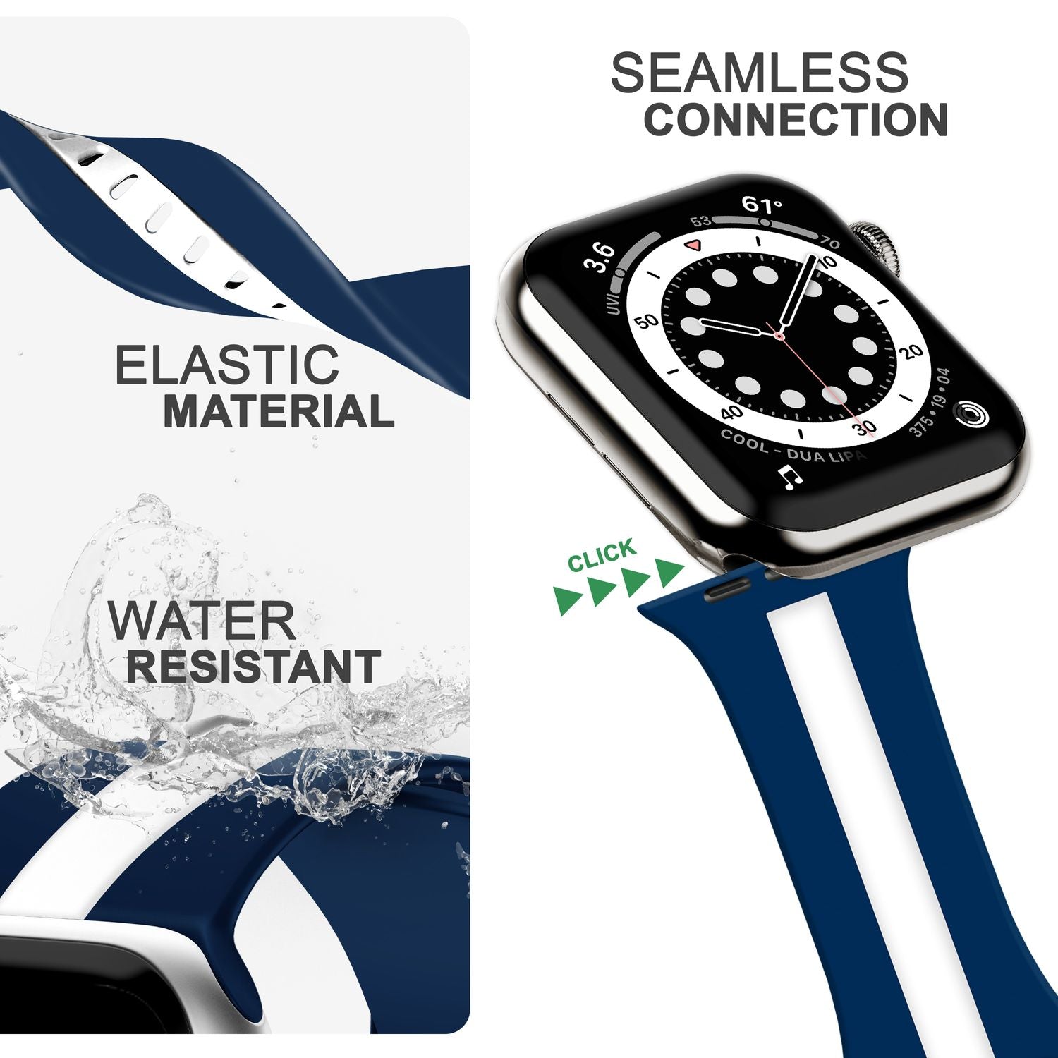 Gestreiftes Silikon Armband für Apple Watch SE/8/7/6/5/4/3/2/1, 38mm 40mm 41mm Blau Weiß NALIA Silikon Armband