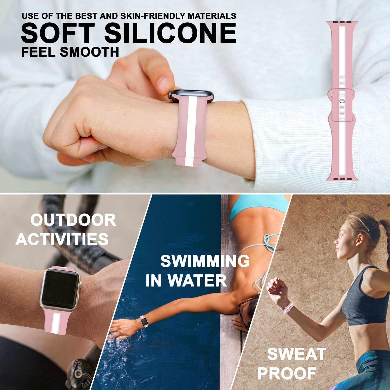 Gestreiftes Silikon Armband für Apple Watch SE/8/7/6/5/4/3/2/1, 38mm 40mm 41mm Pink Weiß NALIA Silikon Armband