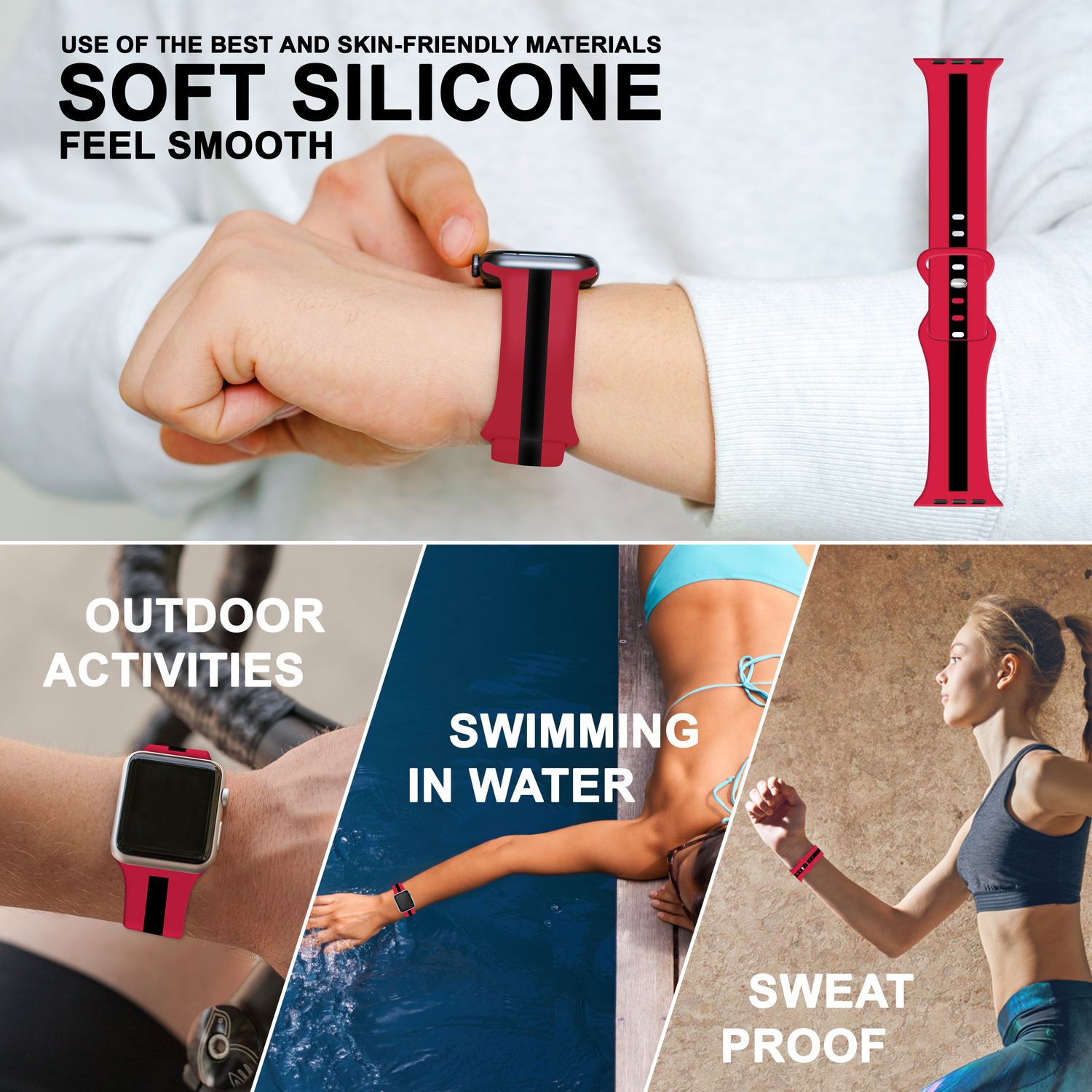 Gestreiftes Silikon Armband für Apple Watch SE/8/7/6/5/4/3/2/1, 38mm 40mm 41mm Rot Schwarz NALIA Silikon Armband