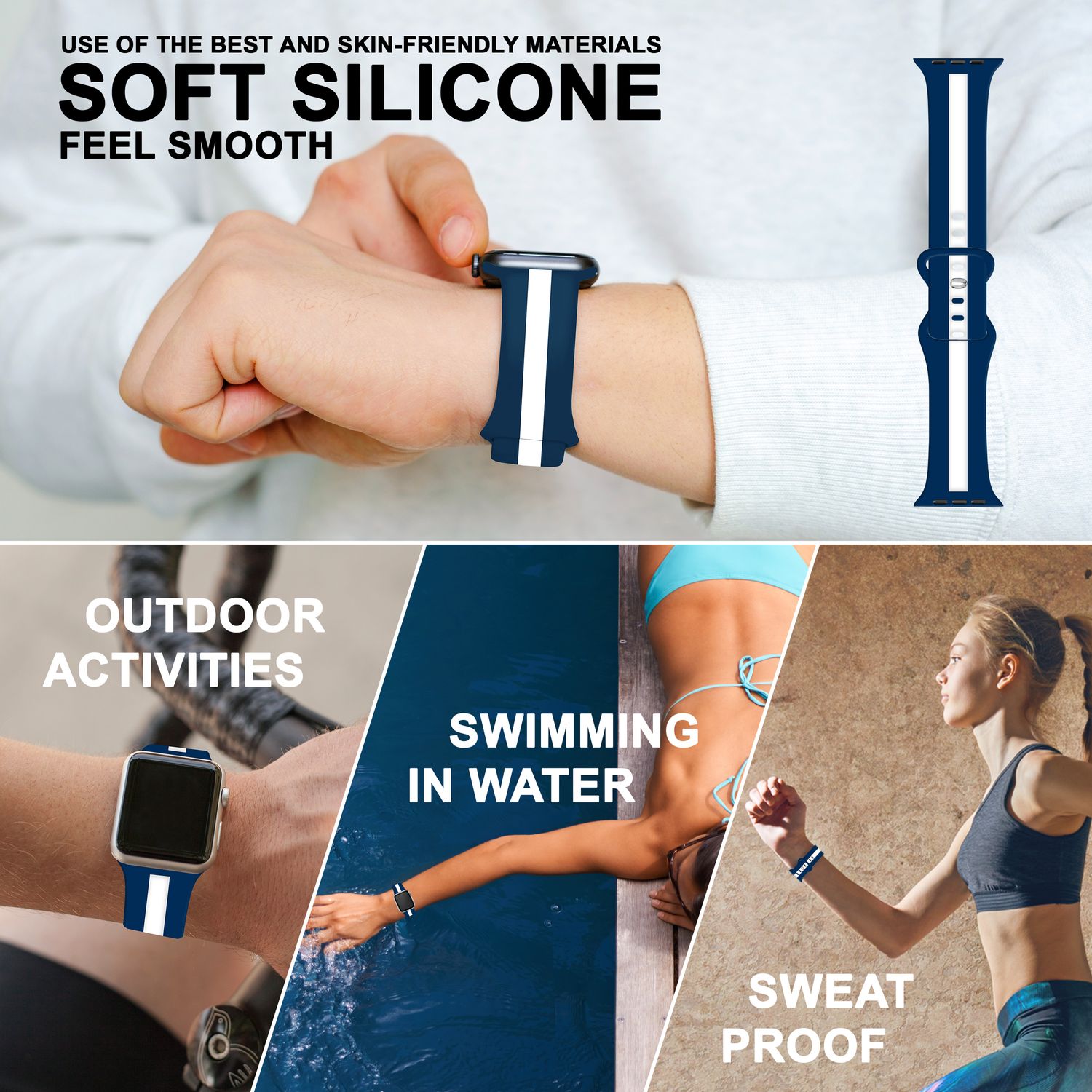 Silikon Armband für Apple Watch Ultra/SE/8/7/6/5/4/3/2/1, 42mm 44mm 45mm 49mm Blau Weiß NALIA Silikon Armband