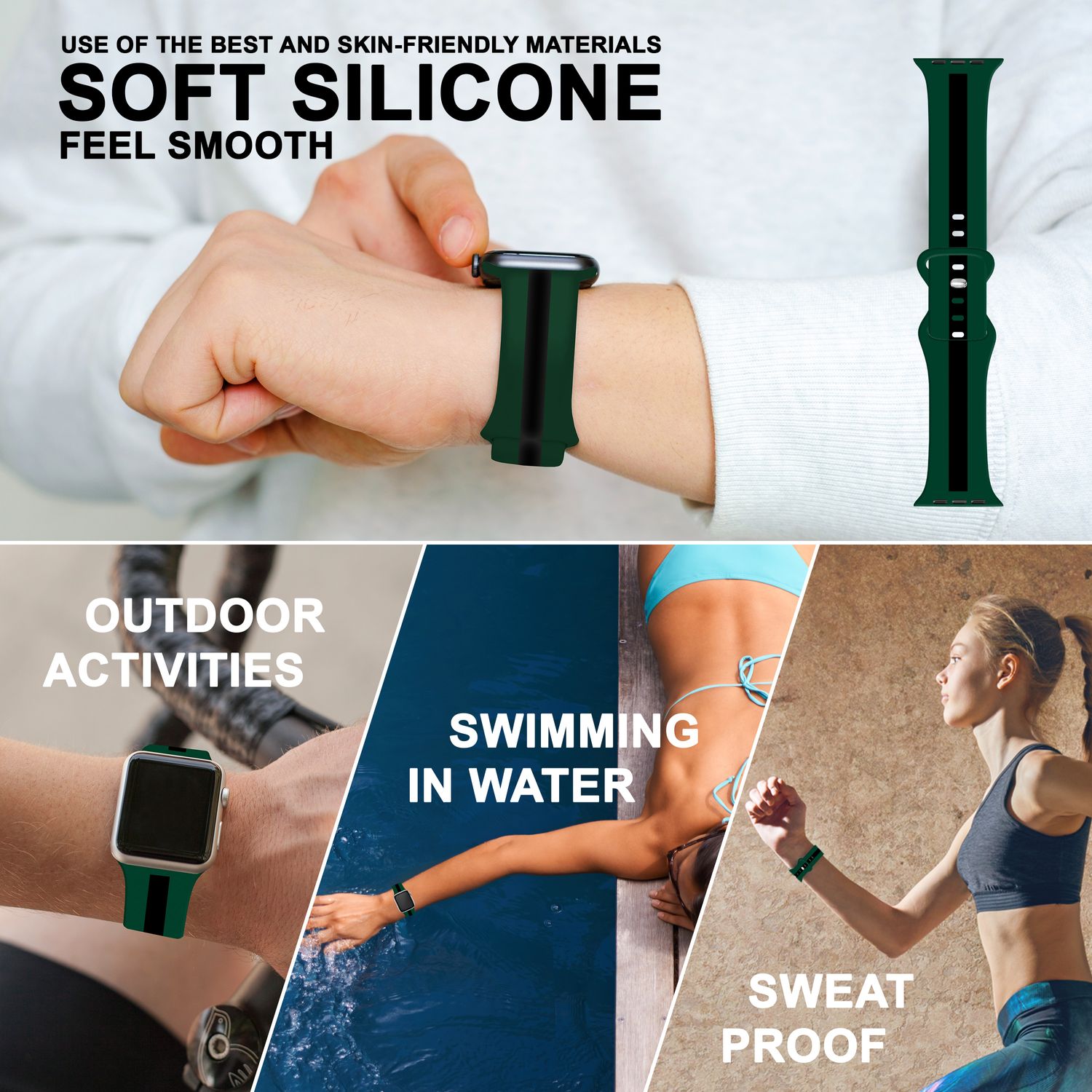 Silikon Armband für Apple Watch Ultra/SE/8/7/6/5/4/3/2/1, 42mm 44mm 45mm 49mm Grün Schwarz NALIA Silikon Armband