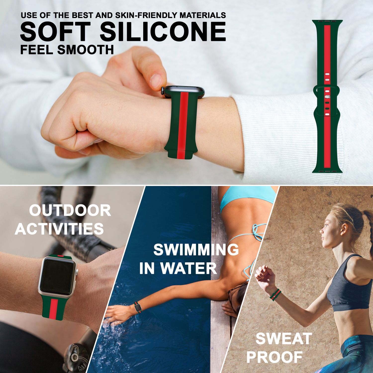 Silikon Armband für Apple Watch Ultra/SE/8/7/6/5/4/3/2/1, 42mm 44mm 45mm 49mm Grün Rot NALIA Silikon Armband