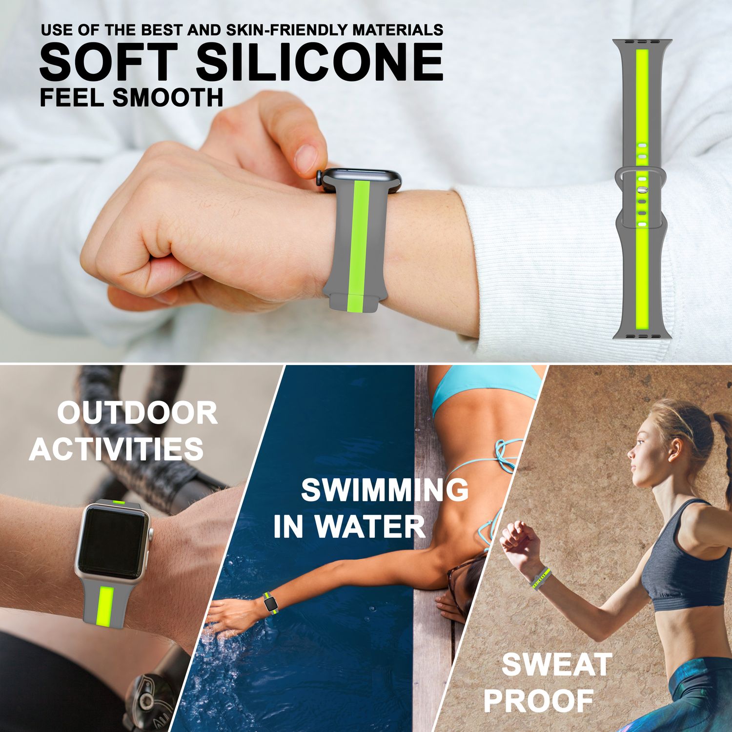 Silikon Armband für Apple Watch Ultra/SE/8/7/6/5/4/3/2/1, 42mm 44mm 45mm 49mm Grau Grün NALIA Silikon Armband