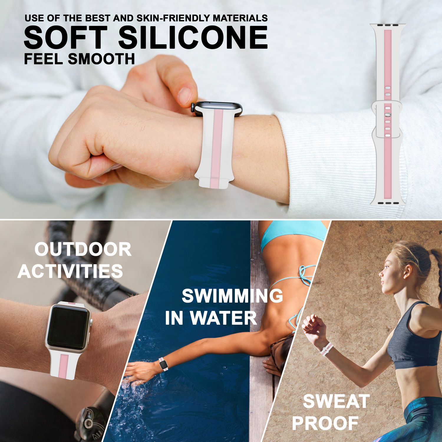 Silikon Armband für Apple Watch Ultra/SE/8/7/6/5/4/3/2/1, 42mm 44mm 45mm 49mm Weiß Pink NALIA Silikon Armband