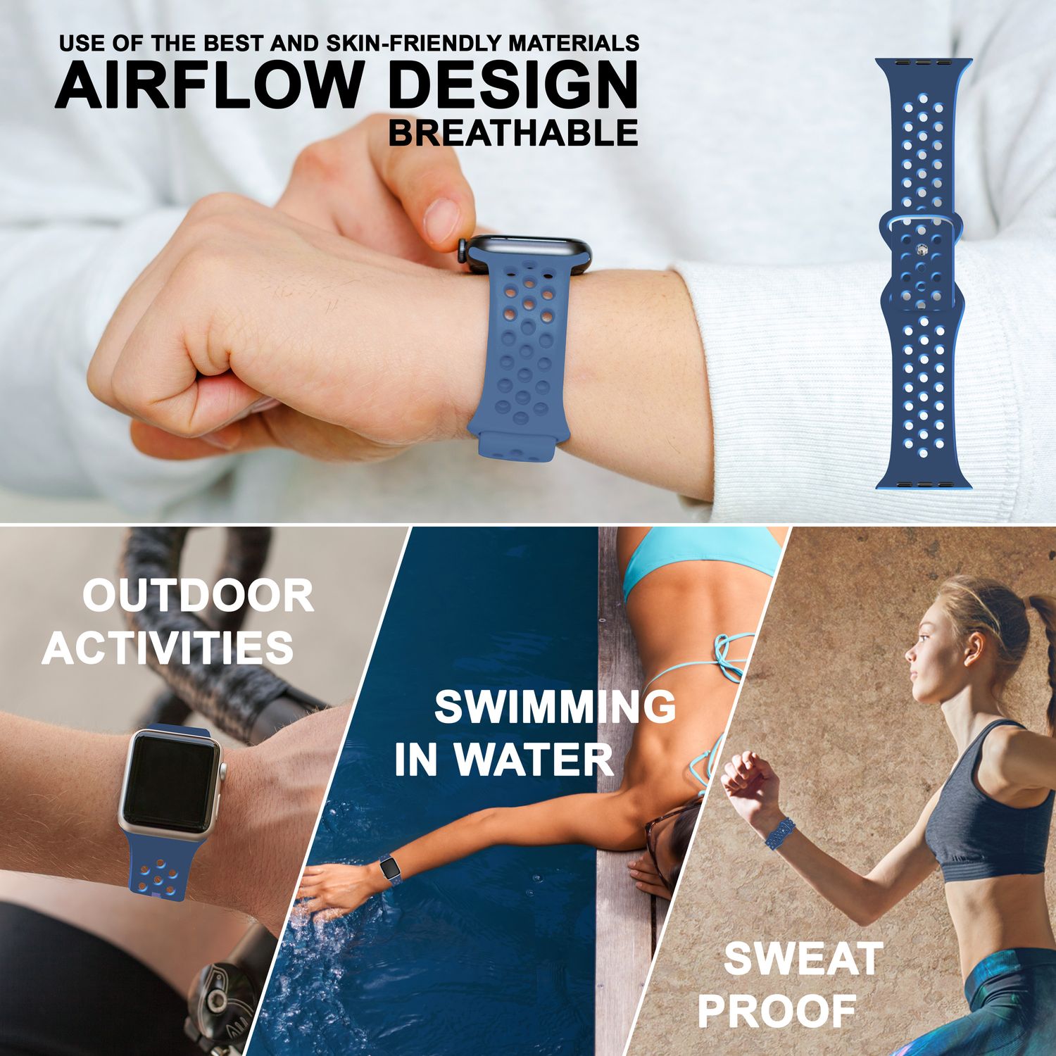 Gelochtes Armband für Apple Watch SE/8/7/6/5/4/3/2/1, 38mm 40mm 41mm Mittel Blau NALIA Silikon Armband