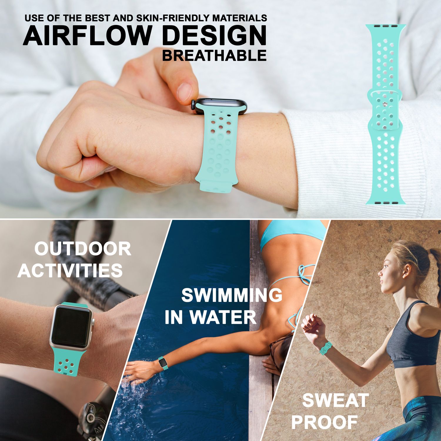 Gelochtes Armband für Apple Watch SE/8/7/6/5/4/3/2/1, 38mm 40mm 41mm Mint-Grün NALIA Silikon Armband
