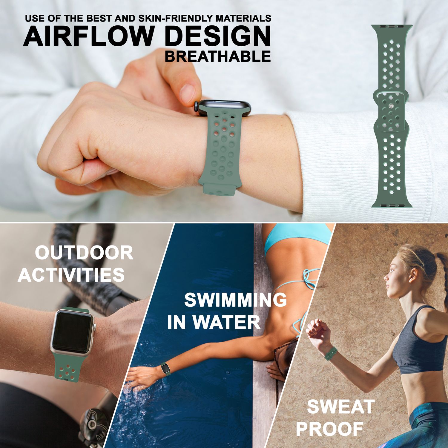 Gelochtes Armband für Apple Watch SE/8/7/6/5/4/3/2/1, 38mm 40mm 41mm Kieferngrün NALIA Silikon Armband