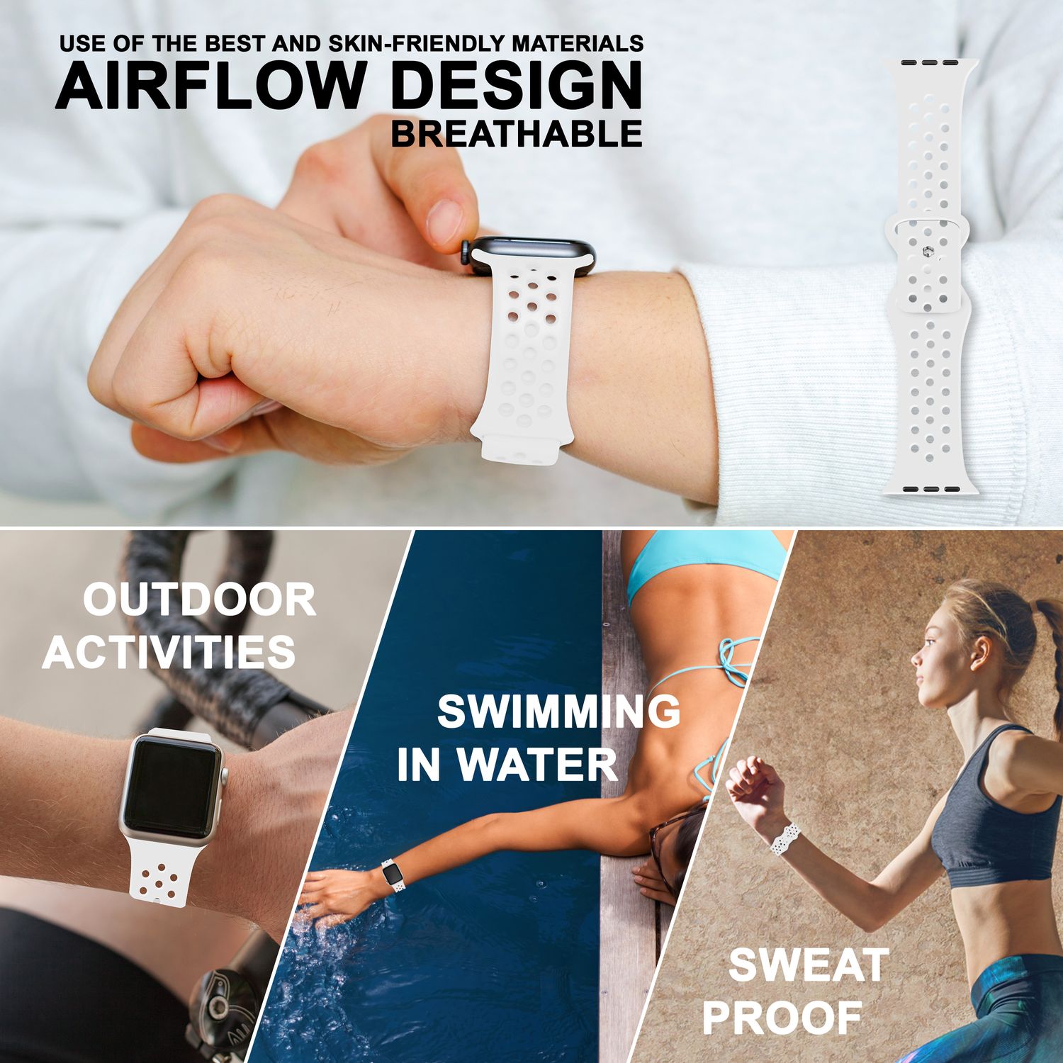 Gelochtes Armband für Apple Watch SE/8/7/6/5/4/3/2/1, 38mm 40mm 41mm Weiß NALIA Silikon Armband